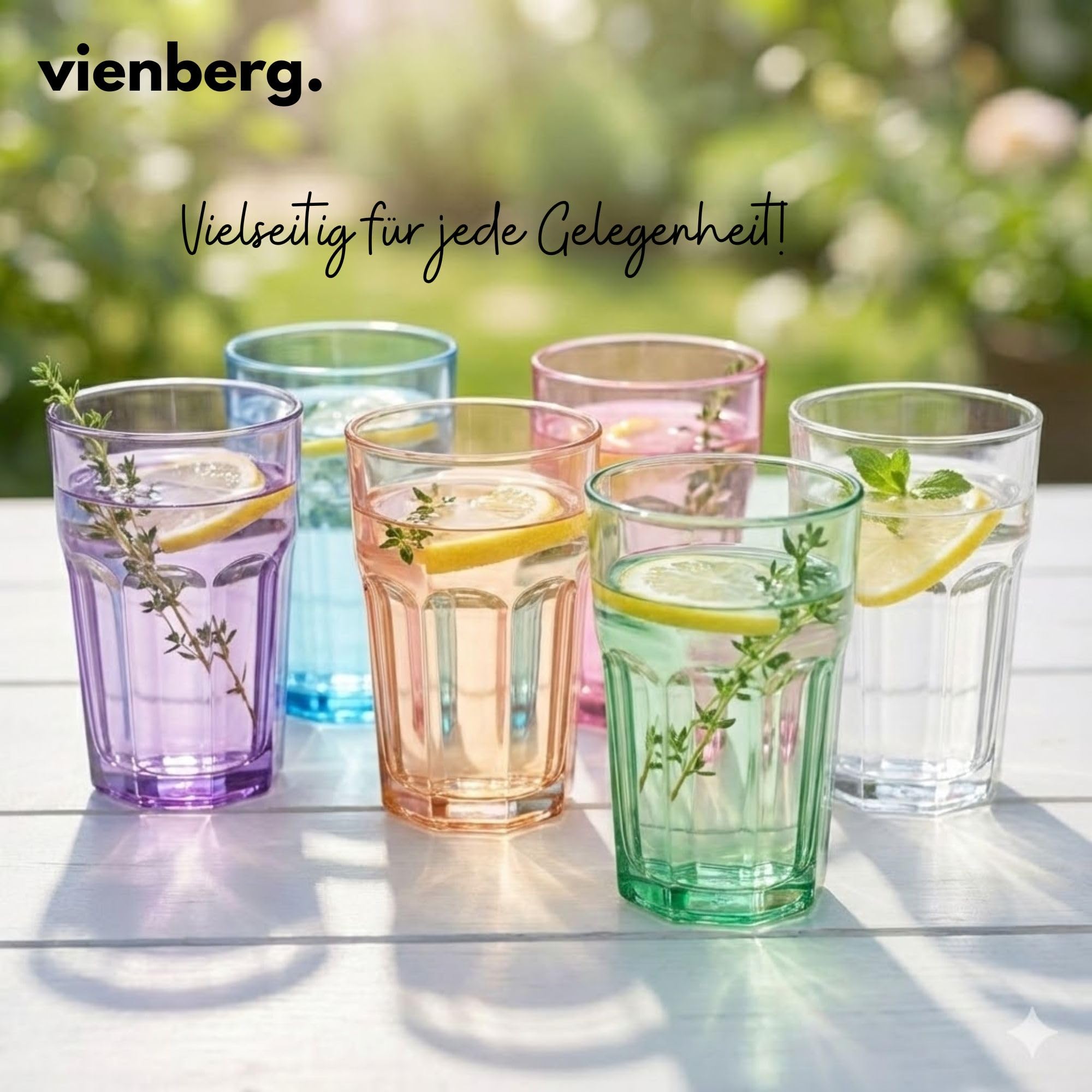 vienberg Aras 6er Set Trinkgläser Bunt 365ml – Wassergläser Stapelbar – Robuste Saftgläser & Cocktailgläser Longdrink– Bunte Gläser für Wasser, Eistee & Latte Macchiato – Spülmaschinenfestes Glas Küche, Haushalt & Wohnen