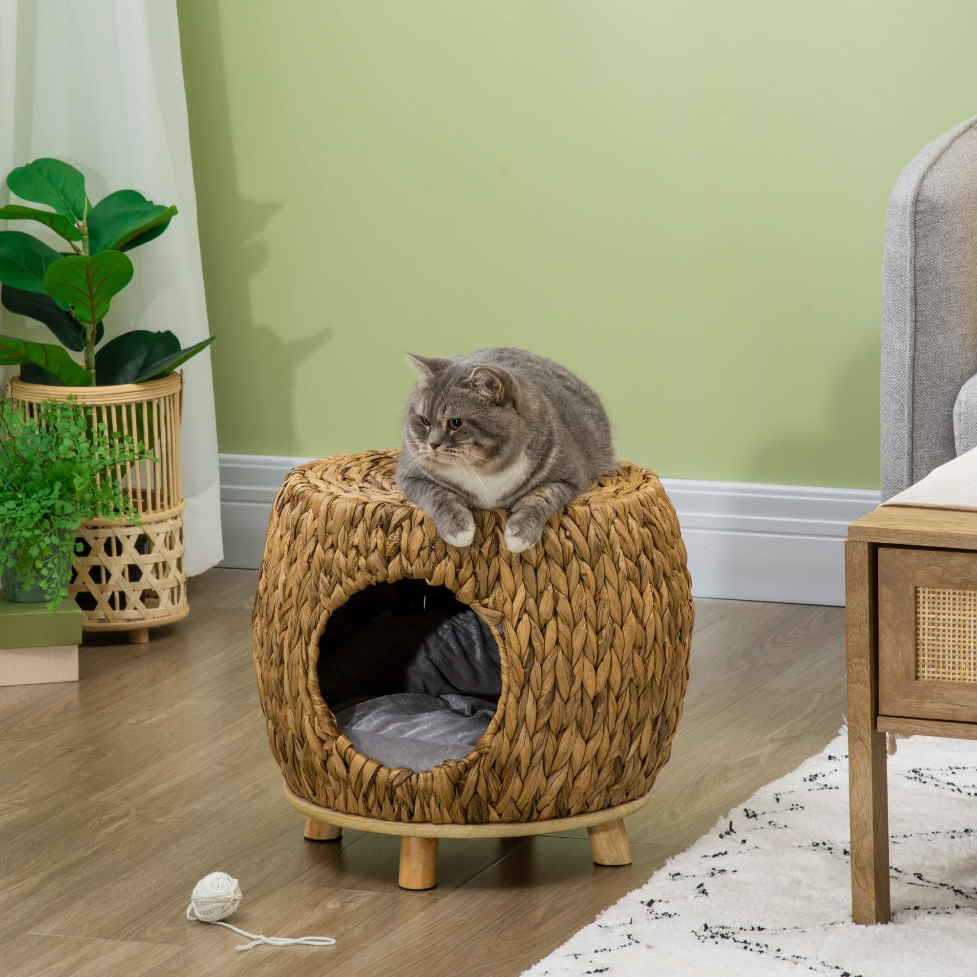 PawHut Taburete de mimbre para la casa del gato, cama de ratán para uso en interiores y exteriores, cama elevada para mascotas con cojín suave lavable 44 x 43 x 41 cm | Cama de ratán para gatito, uso en interiores y exteriores, cojín suave y lavable