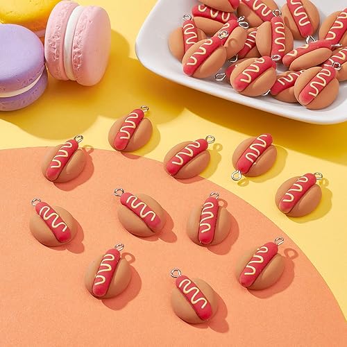 Miniatura 6 de KitBeads 50 dijes de resina para perros calientes de dibujos animados de comida rápida, mini dijes de perro caliente con parte trasera plana para