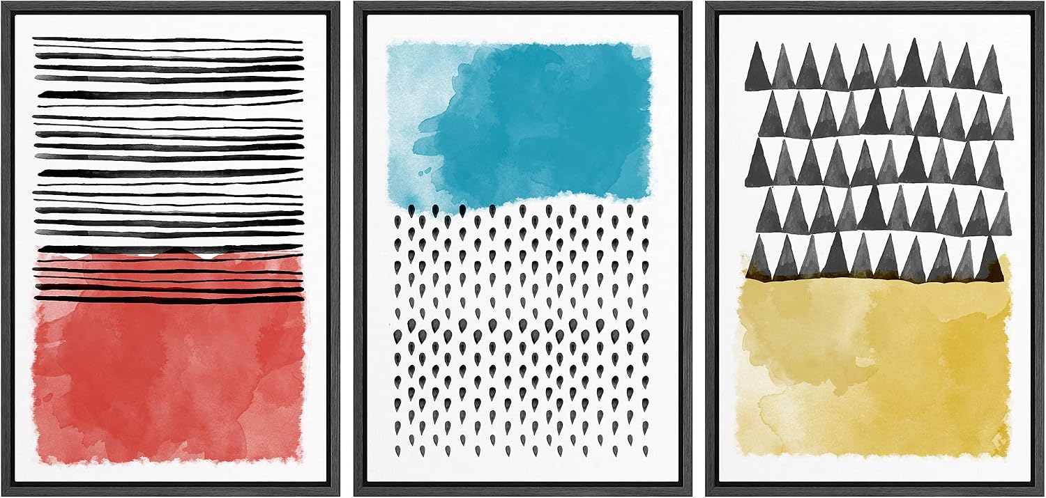 NWT Framed Wall Art Print Set Red, Blue & Yellow Polygon Variety Abstract Shapes Illustrations Modern Art Minimalist Group Colorful for Living Room, Bedroom, Office - 16"x24"x3 Black