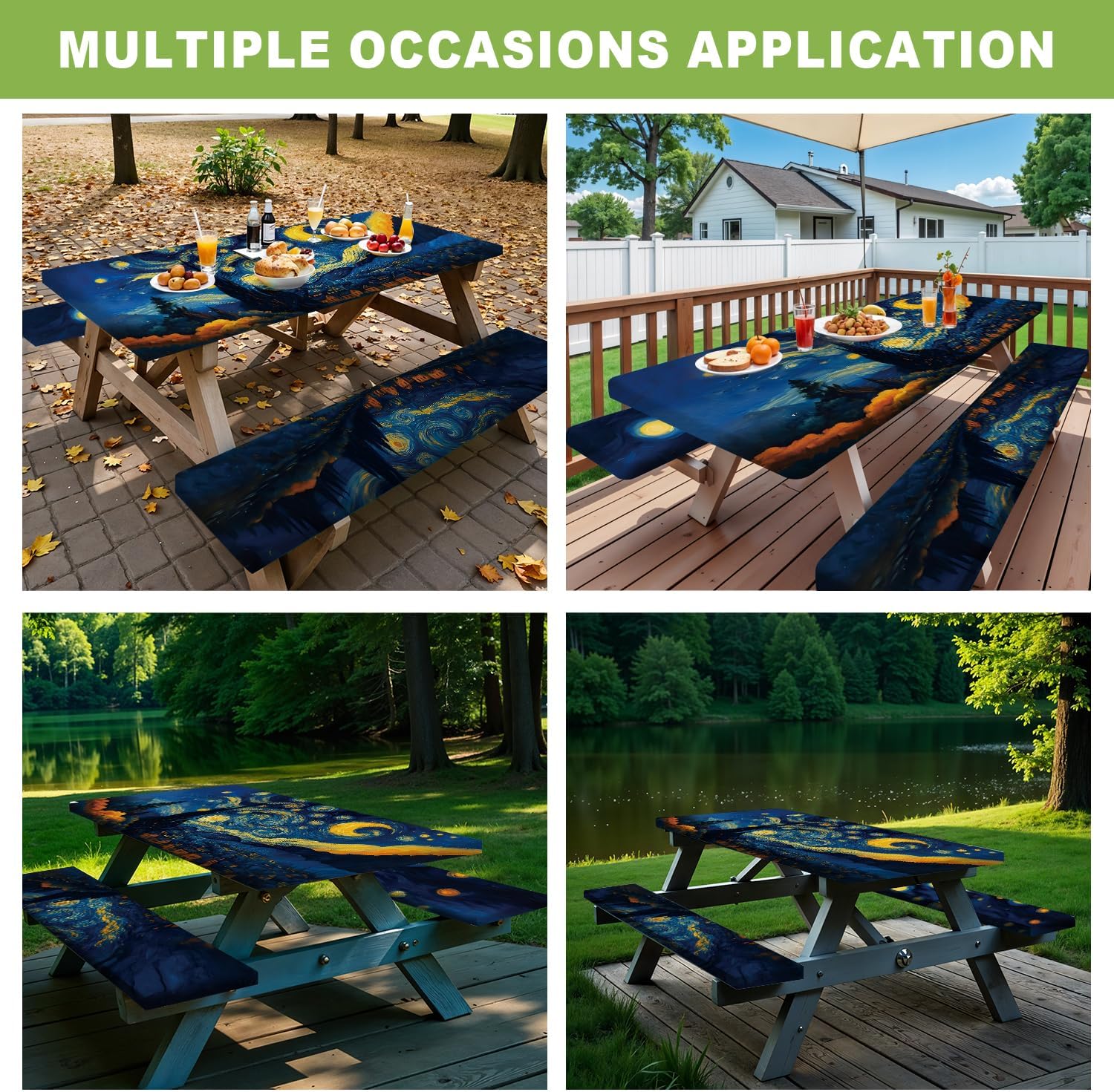ANNA QUEEN Artistic Starry Night 6FT Picnic Table Cover with Bench Covers Set of 3 with Drawstring Bag, 72"x30" Waterproof Fitted Picnic Tablecloth & Bench Seat Covers for Outdoor Camping Patio