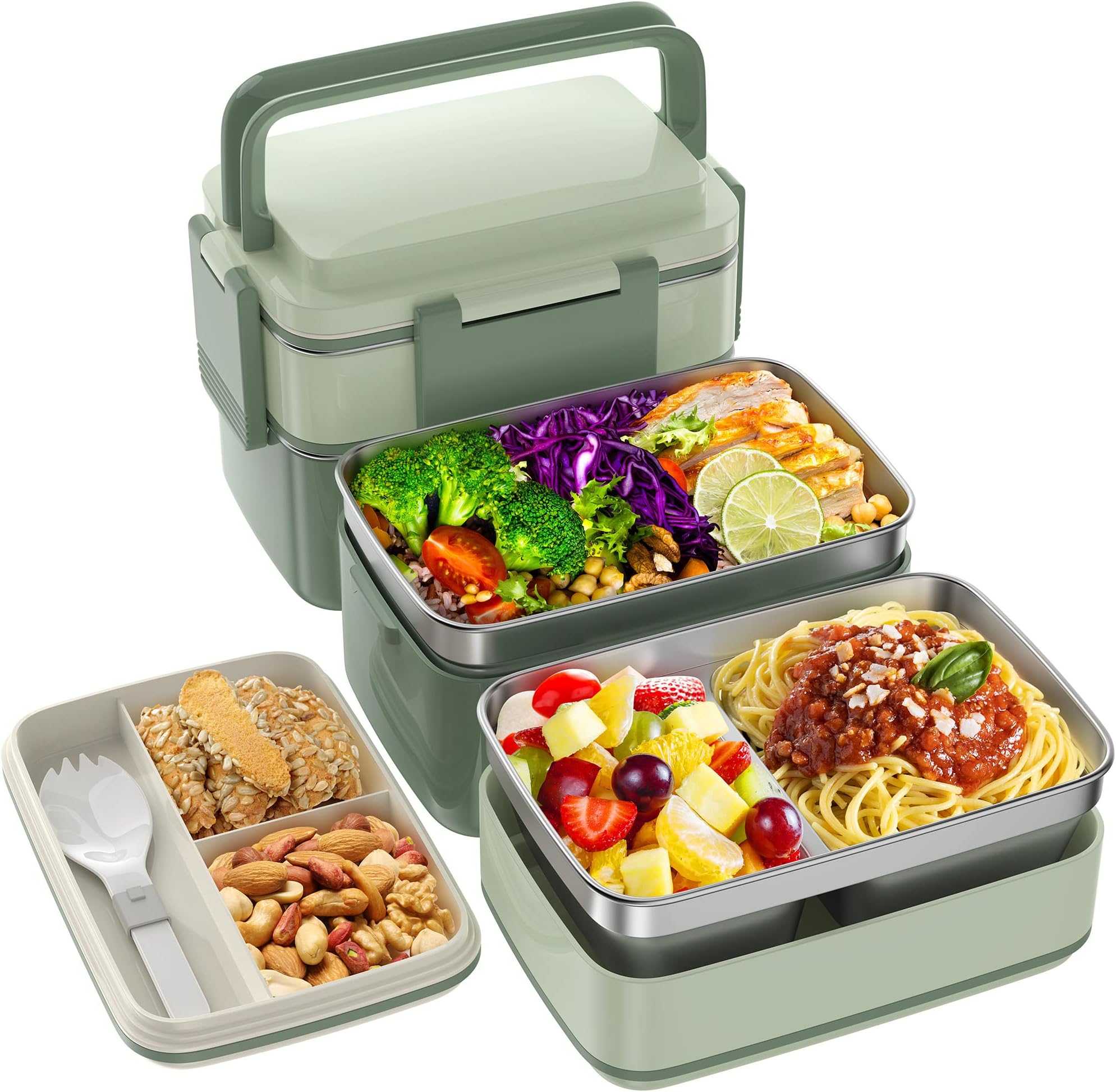 Stainless Steel Bento Box Adult Lunch Box, 3 Stackable Bento Lunch Containers, Portable Modern Style Adult Bento Box, Leakproof 51OZ Bento Lunch Box for Kids and Adults (Green)