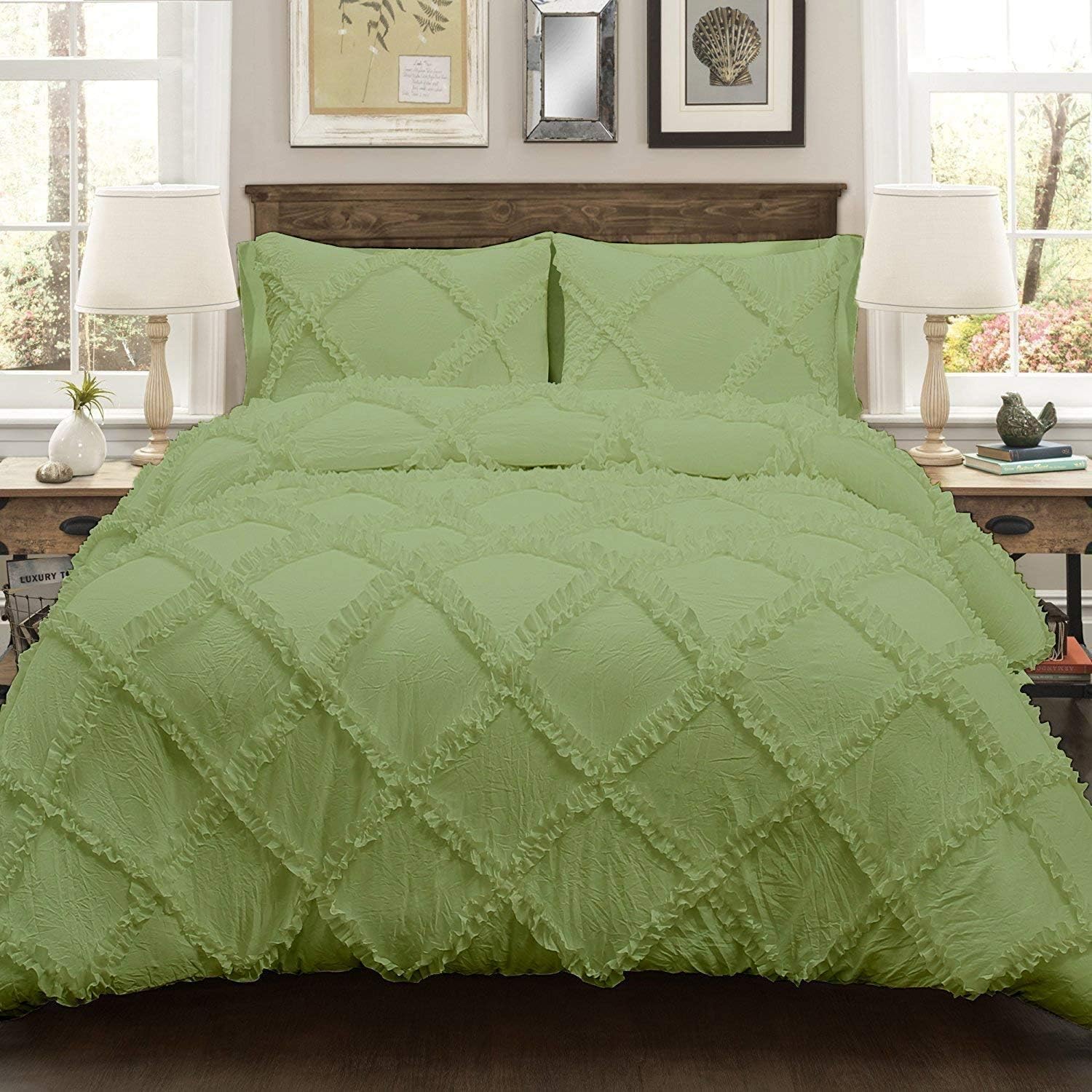 1 Piece Cross Diamond Ruffle Comforter with Zipper & Corner Ties 400 GSM 100% Egyptian Cotton Premium Hotel Class Bedding (Oversized Queen, Moss)