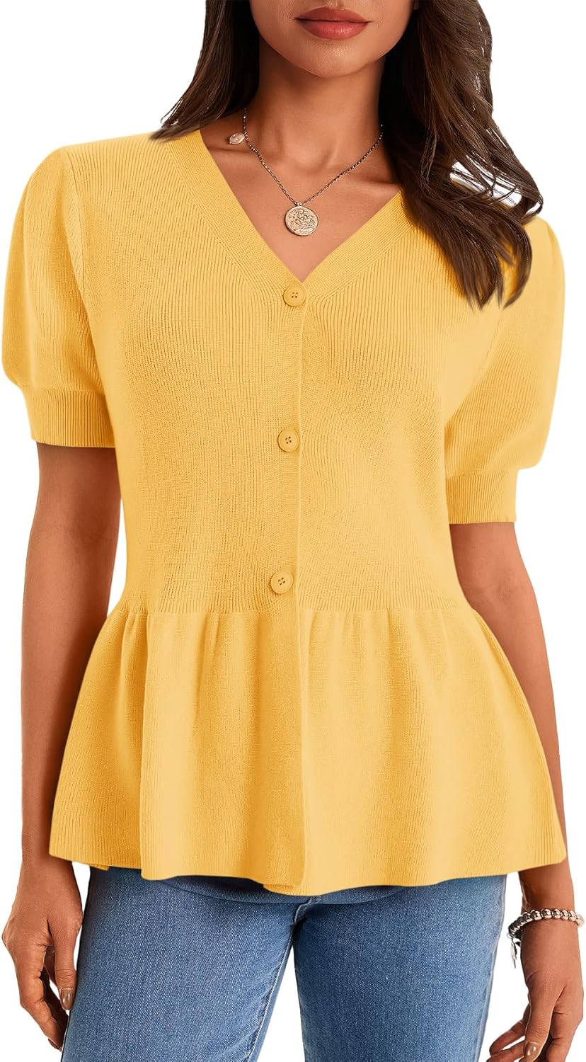 Cicy Bell Womens Short Puff Sleeve Sweater Cardigan V Neck Summer Button Down Sweaters Peplum Cute Knit Babydoll Tops
