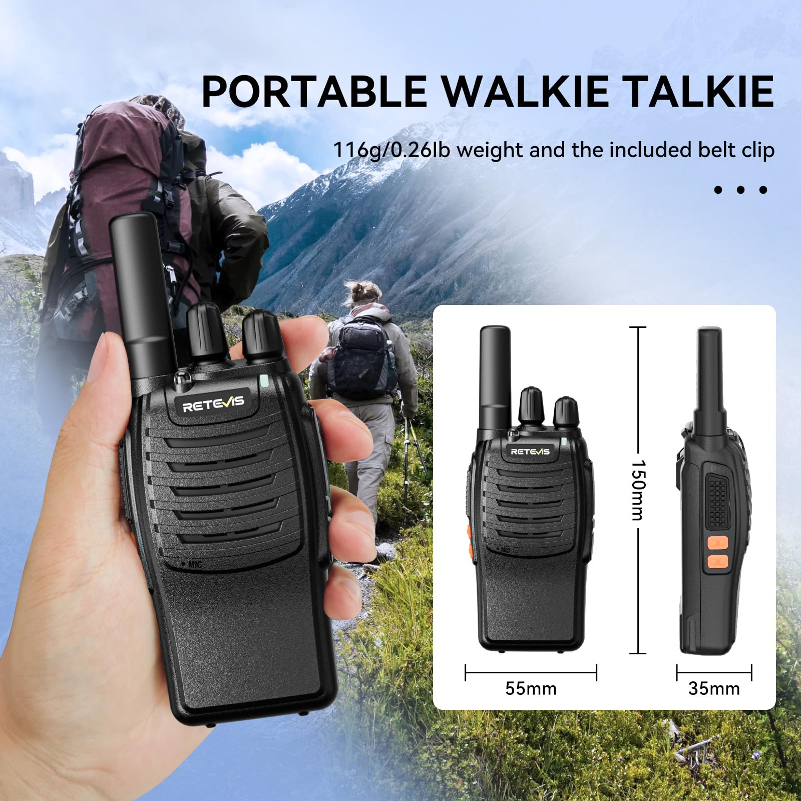 Retevis H777 Walkie Talkie, Portable PMR446 Radio Walkie Talkies for Adults, Easy of Use, USB A-Type C, VOX, Flashlight, Walkie Talkies 3 Pack for Family, Cycling, (Black, 3Pcs) — view 5