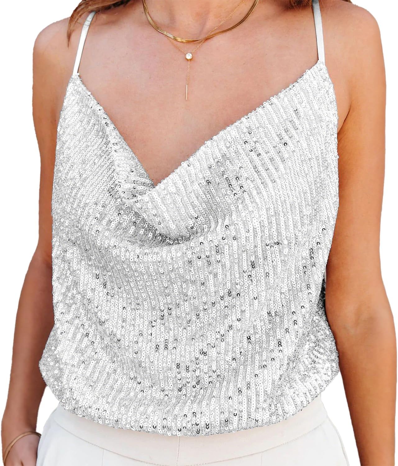Ypser Women Sequin Sparkle Sleeveless Top Spaghetti Strap Cowl Neck Glitter Tank Top