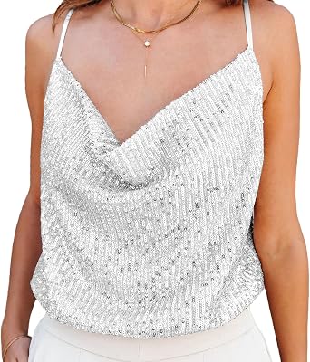 Ypser Women Sequin Sparkle Sleeveless Top Spaghetti Strap Cowl Neck Glitter Tank Top