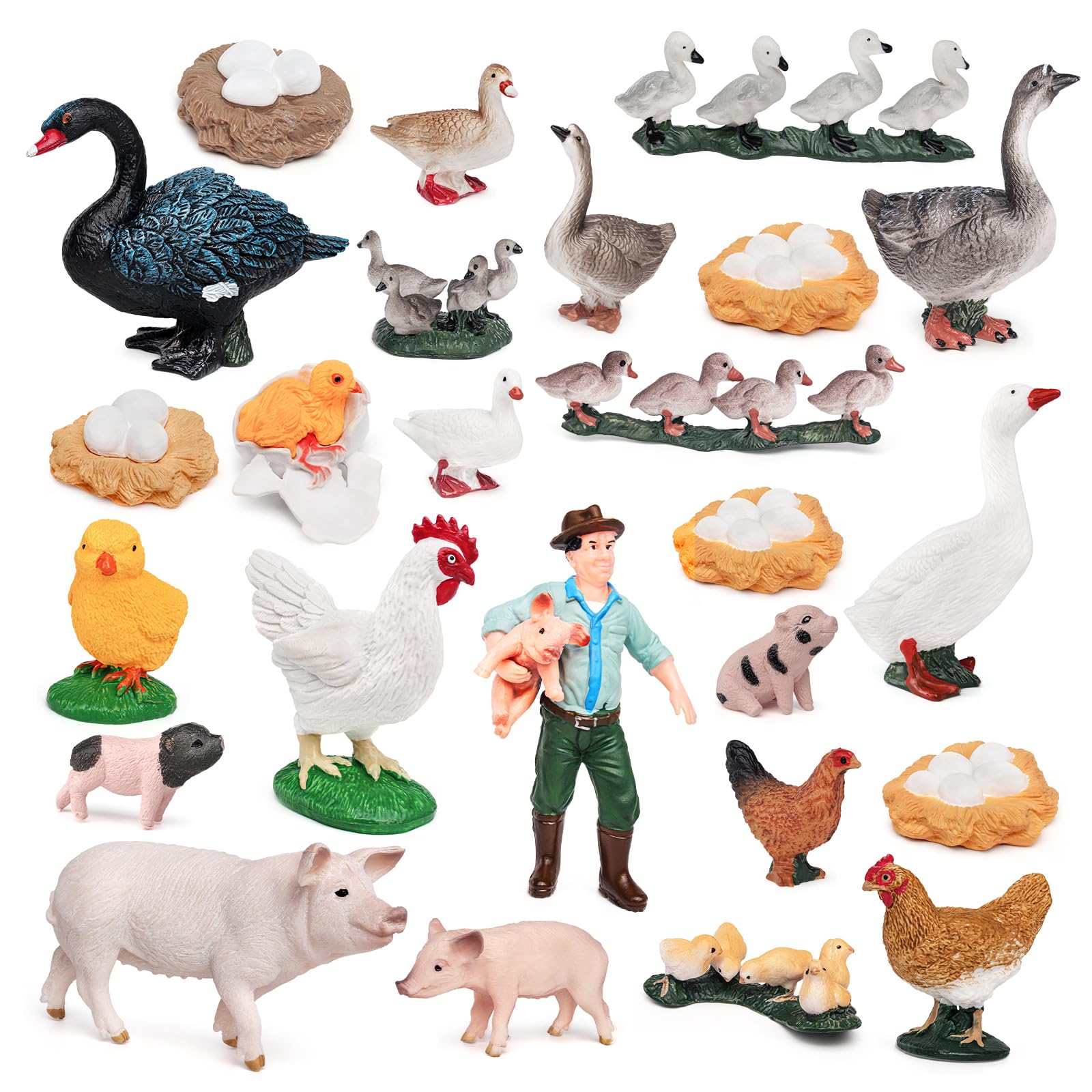 6 Pack Life Cycle Set Farm Animals Growth Cycle Pig Chicken Duck Goose Rooster Hen Grey Goose White Swan Black Swan