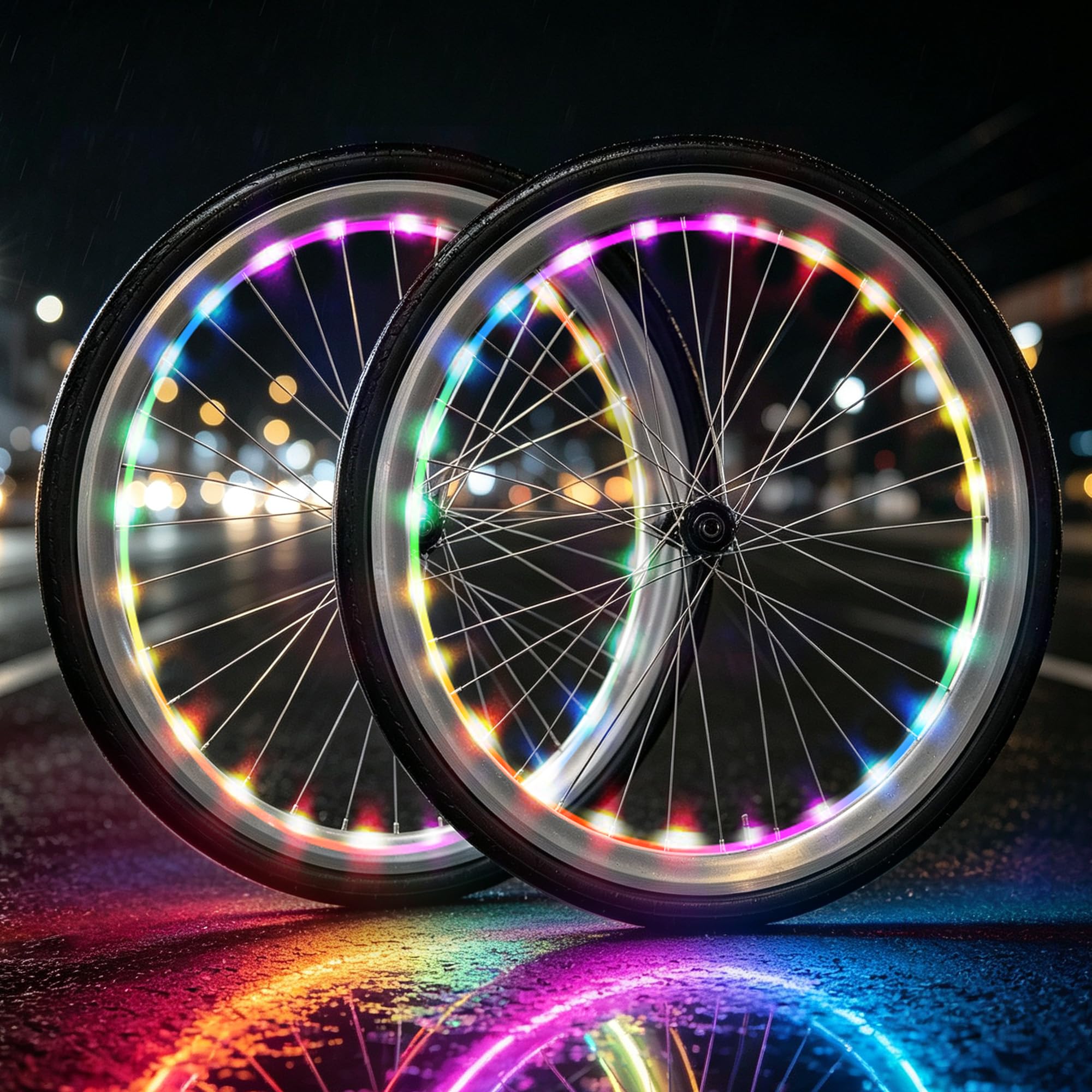 Lot de 2 lumières LED pour roue de vélo pour conduite de nuit (RGYB 4 couleurs) fixe | Lot de 2 éclairages LED, roue de vélo, visibilité nocturne, accessoire de vélo