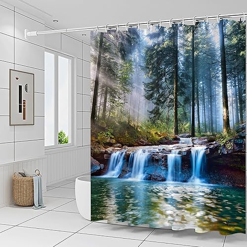 Miniatura 3 de Cortinas de ducha con diseño de cascadas, para exteriores, paisajes naturales, bosque, sol, árboles, plantas, paisaje, patio, decoración de baño,
