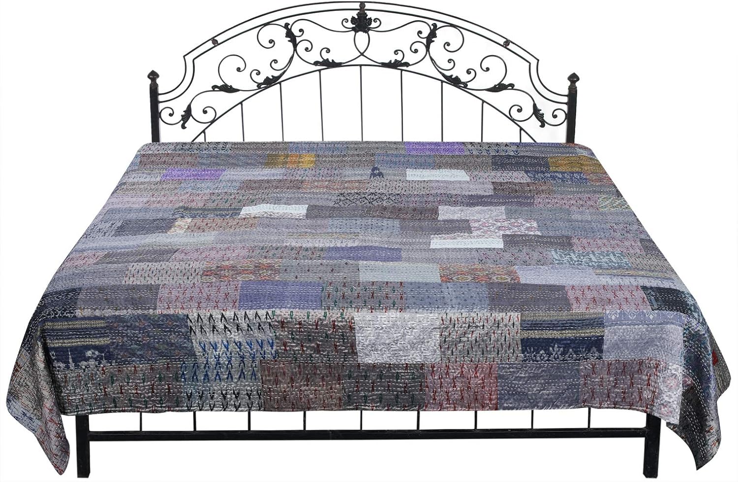 Paloma-Gray Bedspread from Gujarat with Patch Work and Kantha Straight Stitch - Pure Cotton