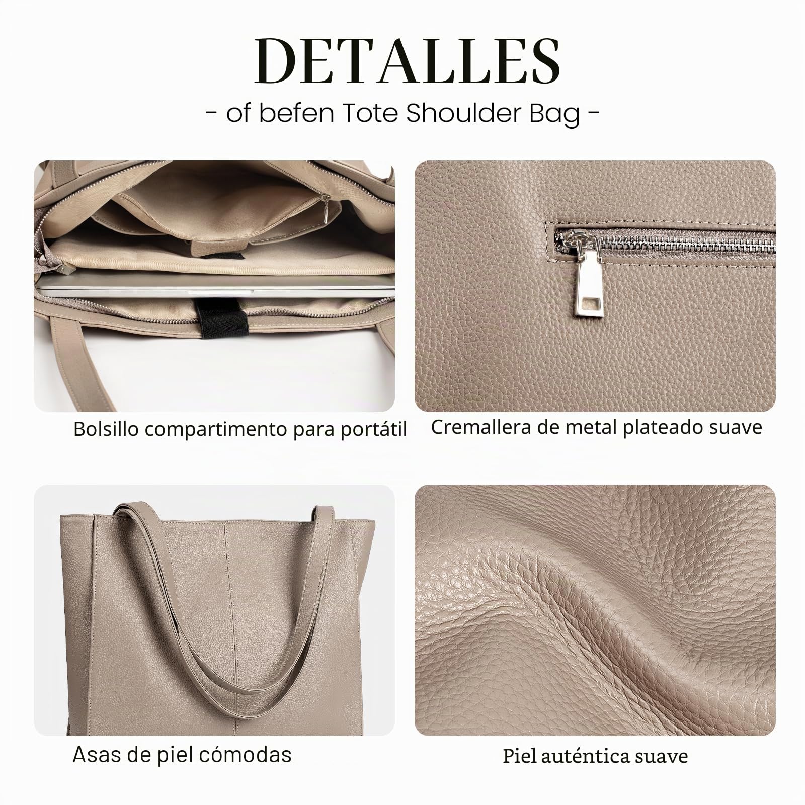 befen Bolso de Mano de Piel Auténtica para Mujer, Bolsas de Hombro Grandes para Mujer, Bolsa de Mano para 14 Pulgadas Laptop con Múltiples Bolsillos