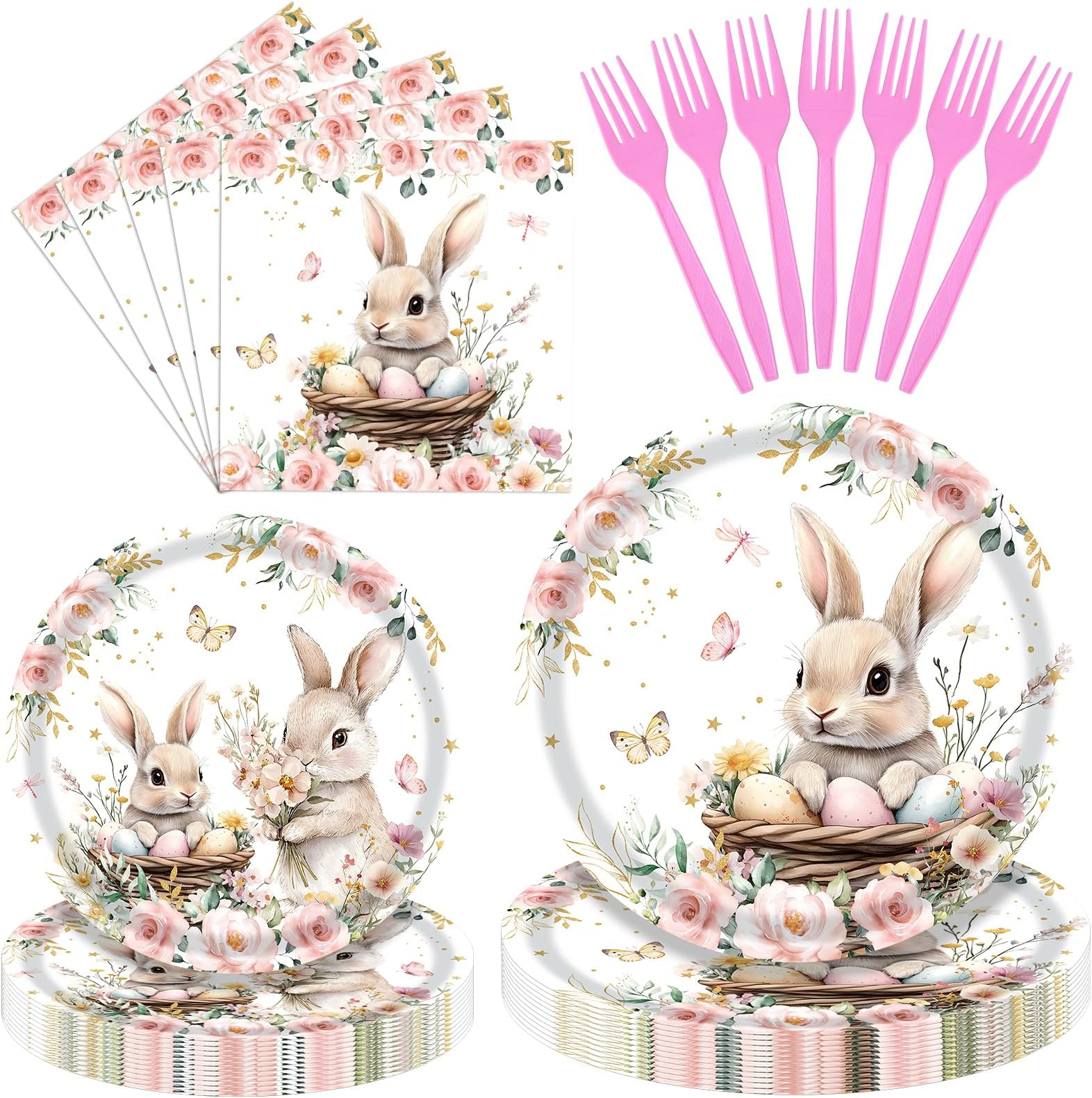 96 Pieces Easter Tableware Set – Bunny Nest Floral Disposable Plates, Napkins, and Forks with Spring Flowers and Pastel Designs for Easter Dinners, Baby Showers, and Spring Parties – Serves 24