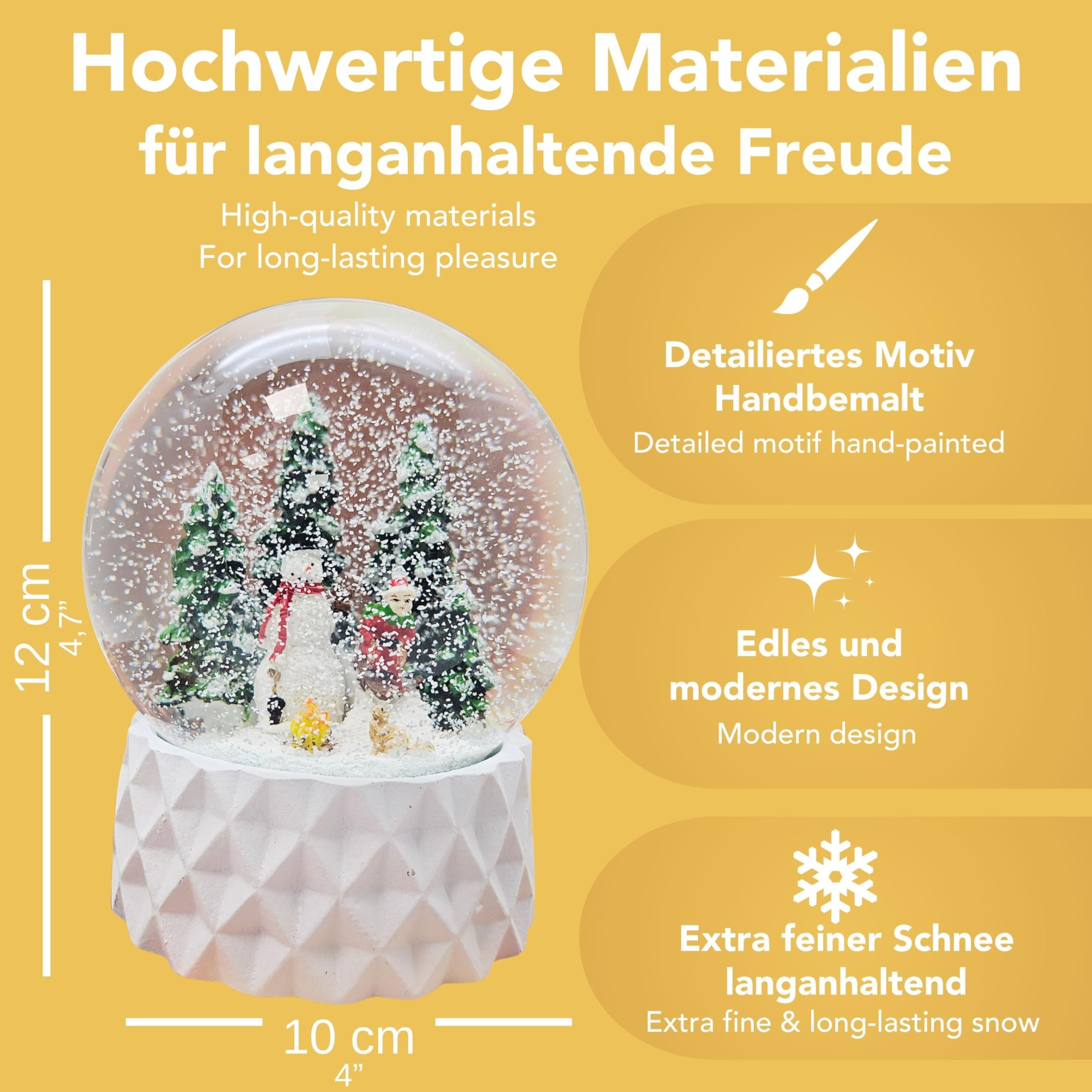 Schneekugel Winter Schneemann mit Kind auf Schlitten, Sockel weiß Kubisch, Pure-Line, Durchmesser 100mm Schüttelkugel, 20169