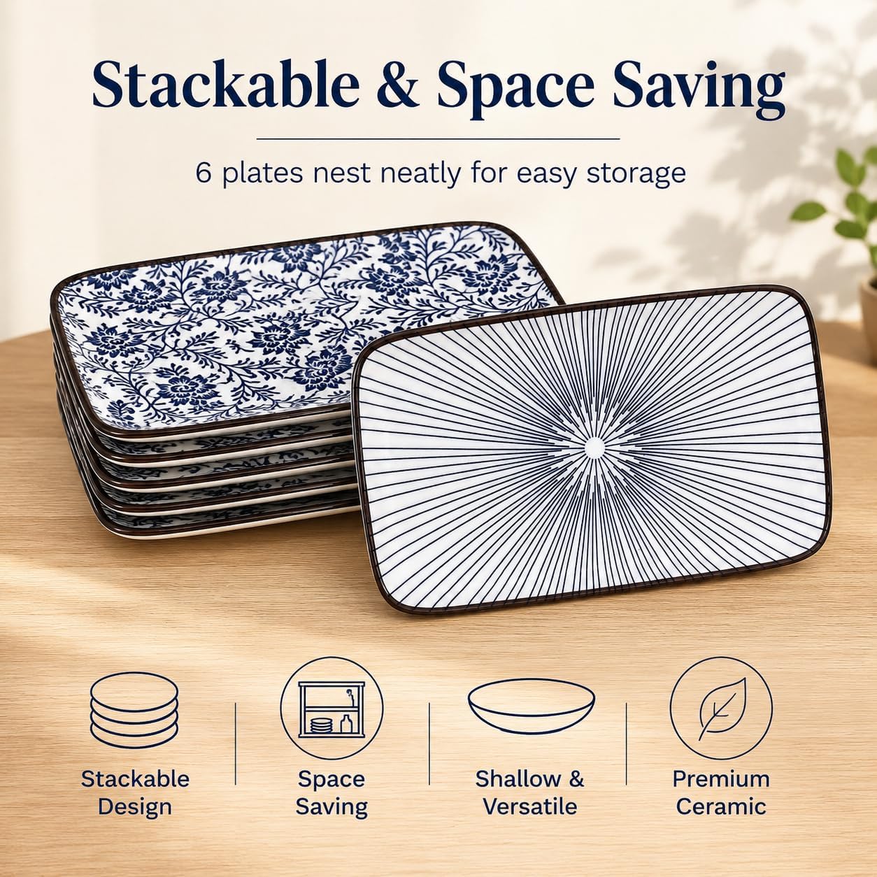 Japanese-Style Ceramic Sushi Plates Set of 6, Blue White Rectangular