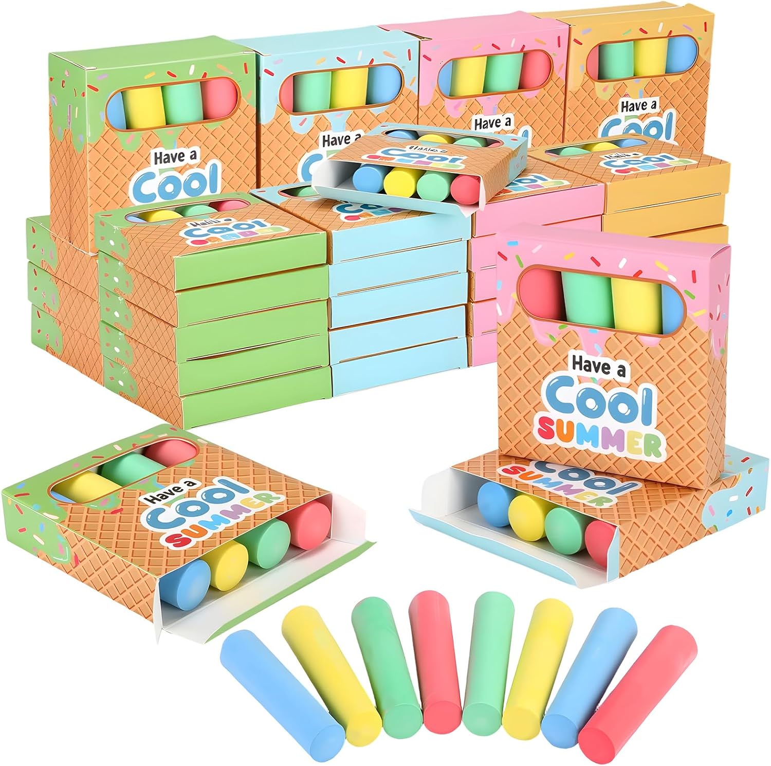 Crtiin 24 Pack/ 96 Pcs Ice Cream Party Favor Chalks Washable Sidewalk Chalks Bulk Non-toxic Jumbo Colored-chalk Summer Party Favors for School Classroom, 4 Colors