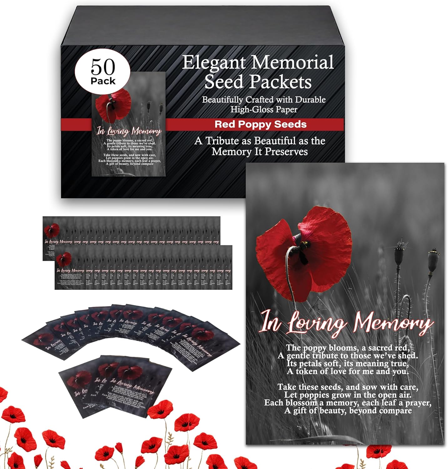 50pc RED Premium Pre-Filled Red Poppy Seeds Funeral Favor Packets, Funeral Decorations, Celebration of Life Decorations, Celebration of Life Ideas, Memorial Cards (50)