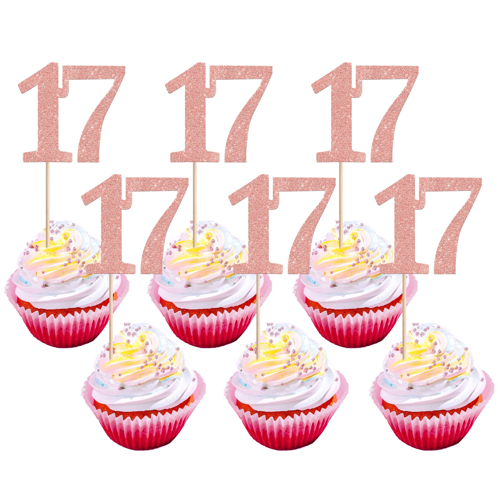 Xsstarmi 36 Pack Number 17 Cupcake Toppers Glitter Cheers to 17 Years Birthday Cupcake Picks Decoration for Happy 17th Birthday Wedding Anniversary Party Cake Decorations Rose Gold