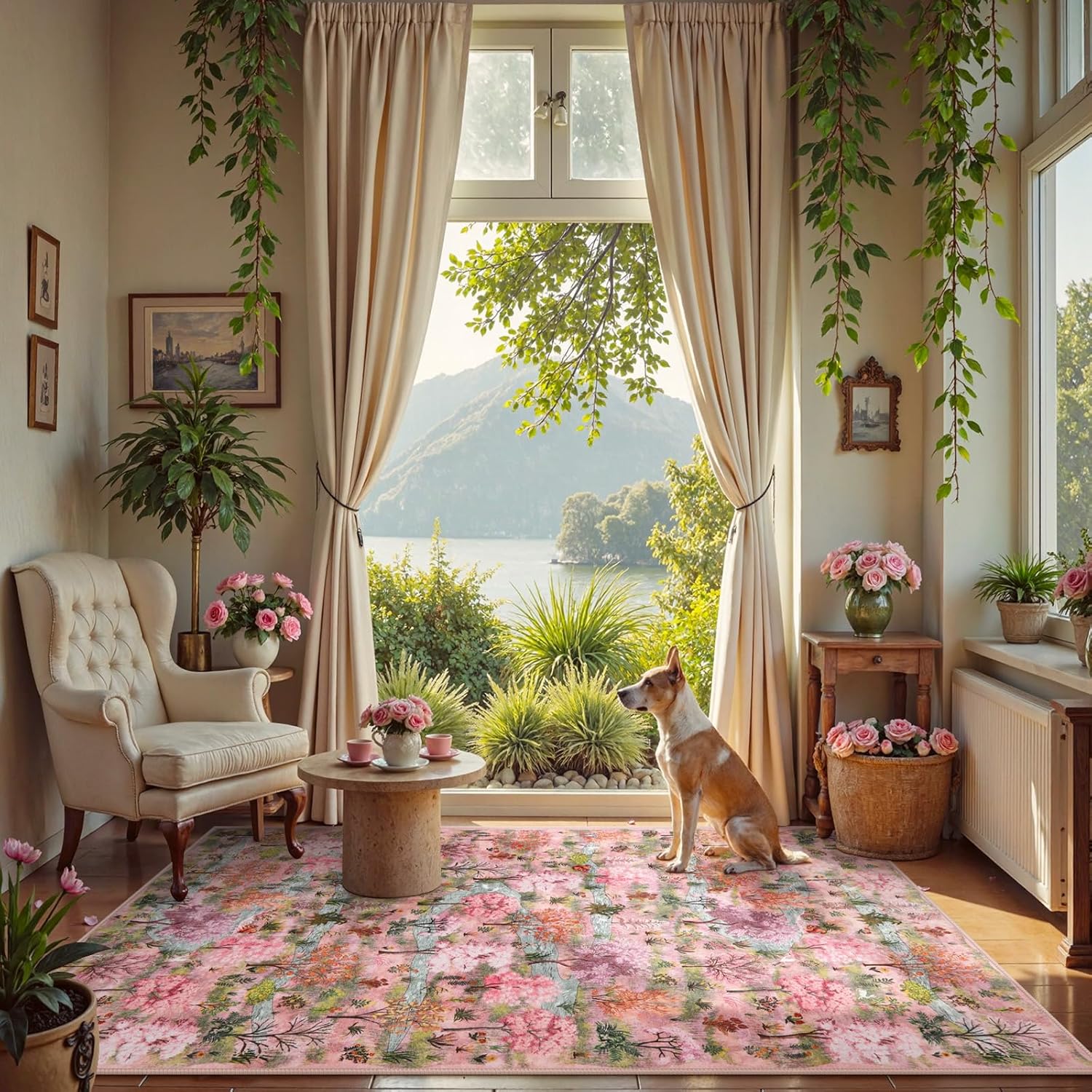 Wonnitar Forest Print Pink Rug for Bedroom, Soft Washable Rugs 5x7, Ultra-Thin Non Slip Boho Pink and Green Woodland Nursery Carpet for Living Room, Dorm, Kids Playroom