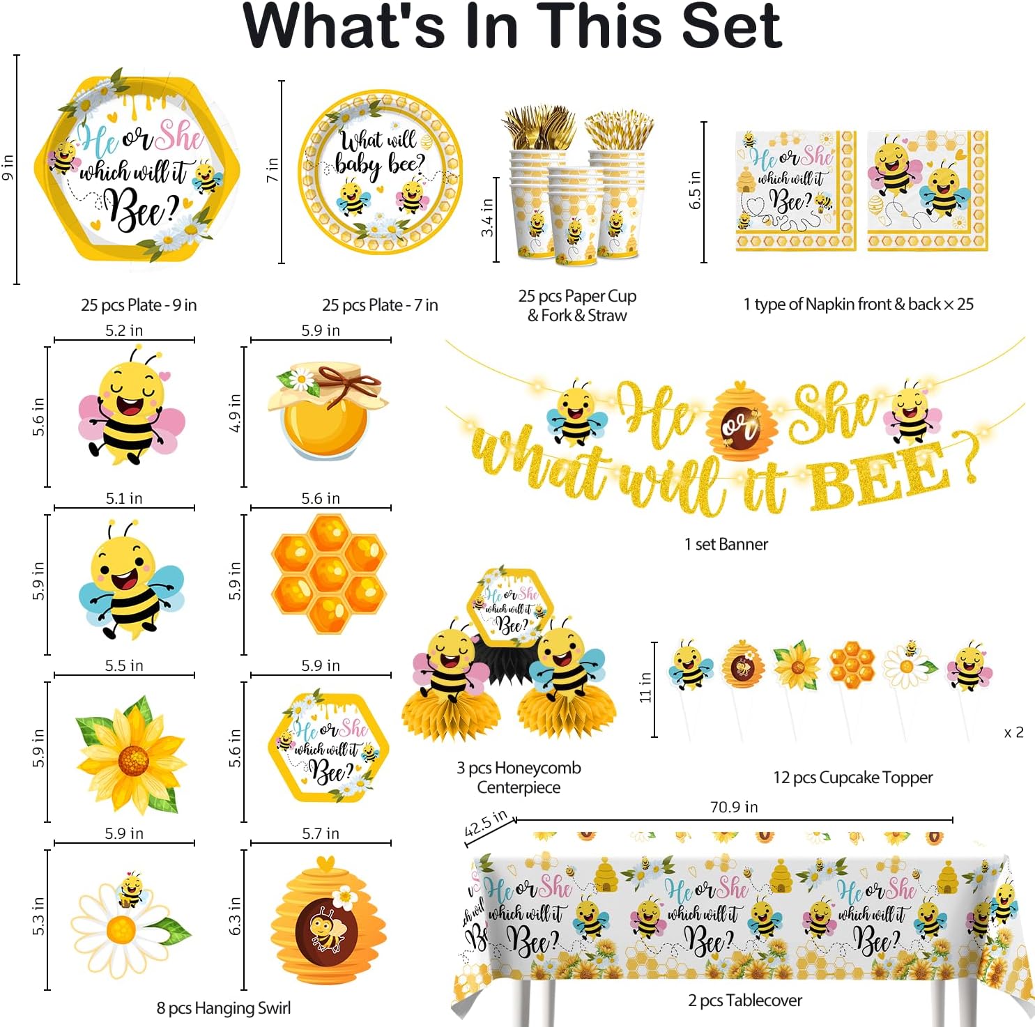 yingoto 174pcs what will baby bee gender reveal decorations, what will baby bee tableware set with plates and napkins, 2 tablecloths, banner, cake topper, for bee gender reveal decorations, serves 25
