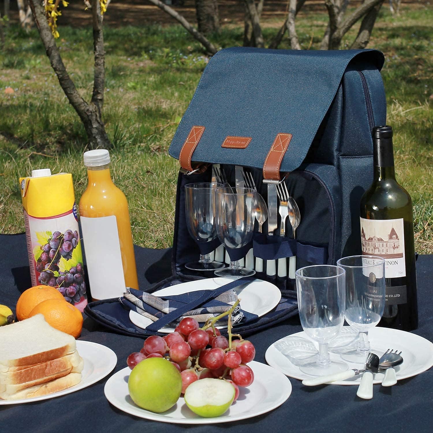 Insulated Cooler Backpack, Picnic Bag for 4 Person with Large Cooler Compartment, Waterproof and Sandproof Fleece Blanket, Plates and Cutlery Set for Camping, Beach Trips, Festivals Navy Blue : Patio, Lawn & Garden