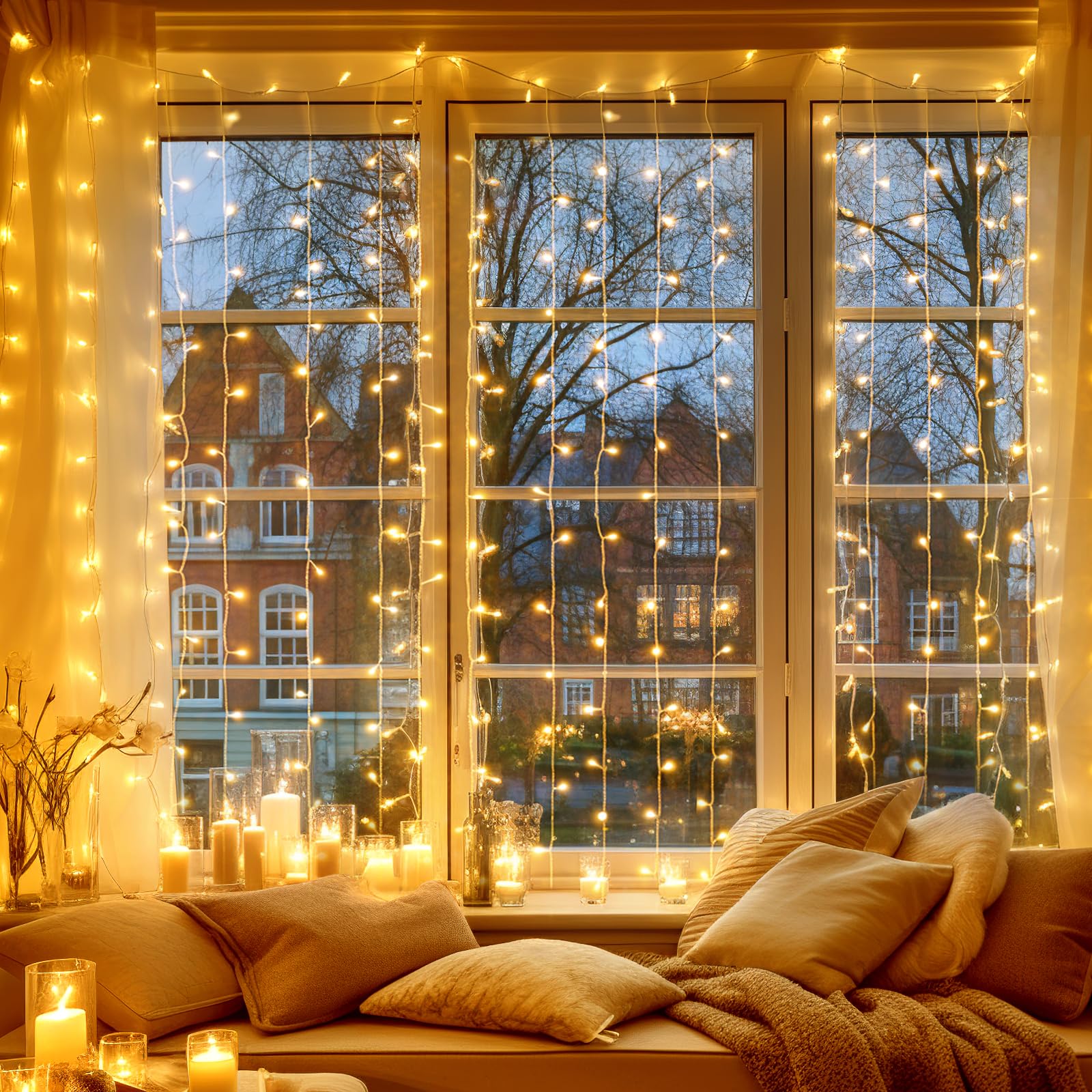 Avoalre Cortina de Luces LED 6 * 3M 600 LED Guirnalda Luces Decorativas 8 Modos Función de Memoria Impermeable IP44 Decoracion Luz Navidad, Festivales, Bodas, Casa - Blanco Cálido