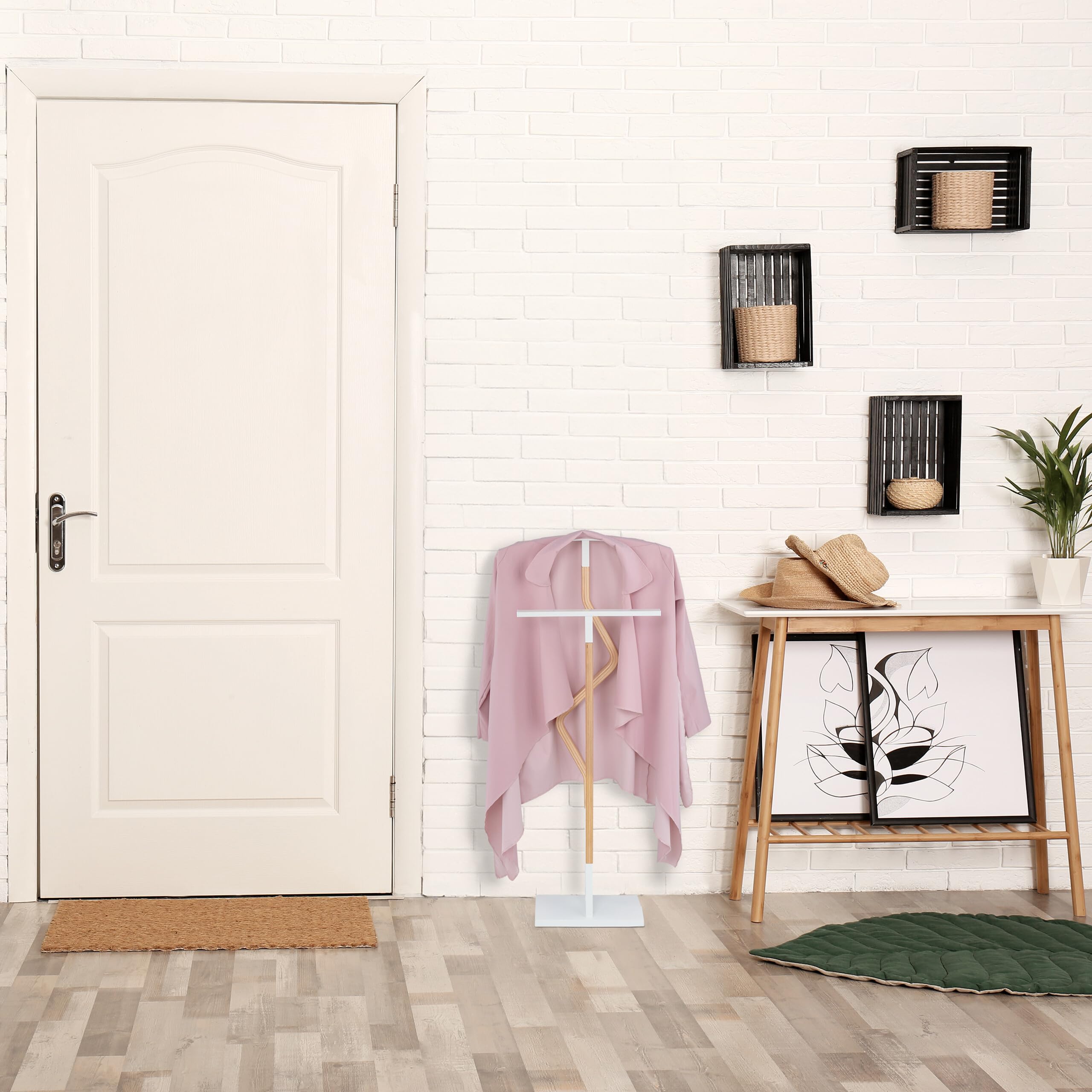 Servo Muto Da Camera Con Appendiabiti - 106.5x47x20cm, Bianco/Marrone - Per Giacca E Pantaloni - Base Pesante - Foto 5