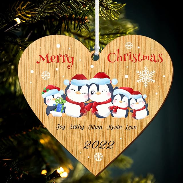 Personalised Christmas Baubles Christmas Tree Decorations Xmas Tree Decoration 2022 Family for Family UV Print Wood Christmas Decorations Ornament Xmas Tree Bauble (Heart Family of 5)