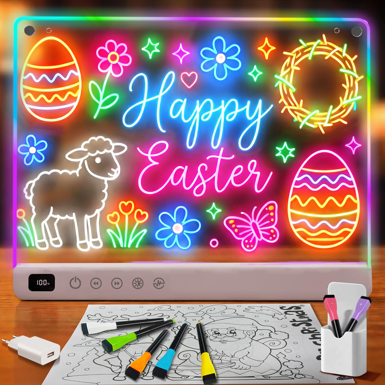 LED Notiztafel mit Farben, Leuchtendes LED Zeichenbrett für Kinder Wiederaufladbare mit 13 Farben 35x25 cm, inklusive Adapter, Aufhängekette & Ständer, Acryl Notiztafel kreatives Geschenk