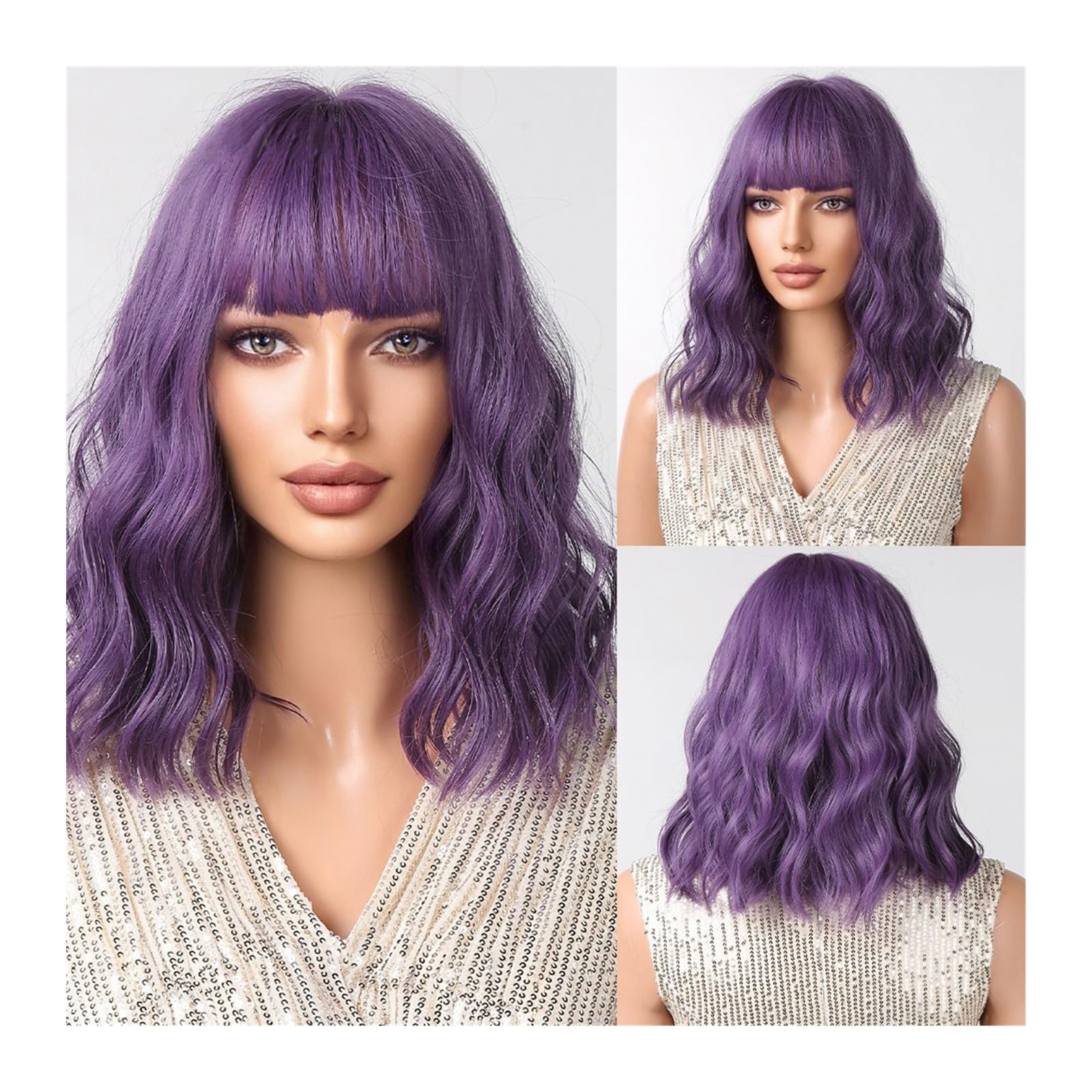 Perruque synthétique courte violette bouclée avec frange pour cosplay et salon