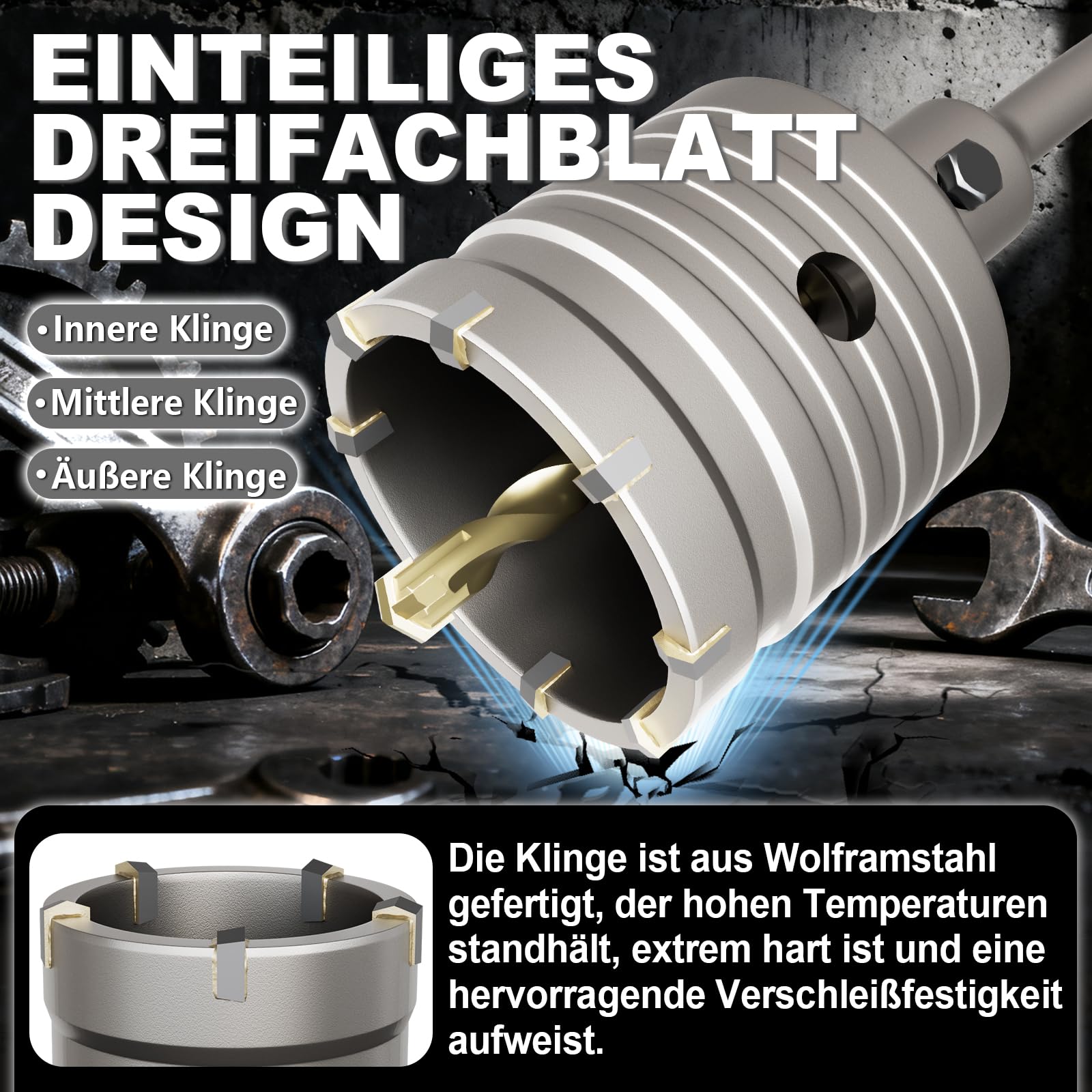 Zestaw korony wiertniczej 105/110/120/150 mm wraz z adapterem SDS-Plus (220 mm × 2), 2 x wiertło centrujące, z kluczem płaskim i workiem chroniącym przed kurzem – do muru, betonu, kamienia naturalnego