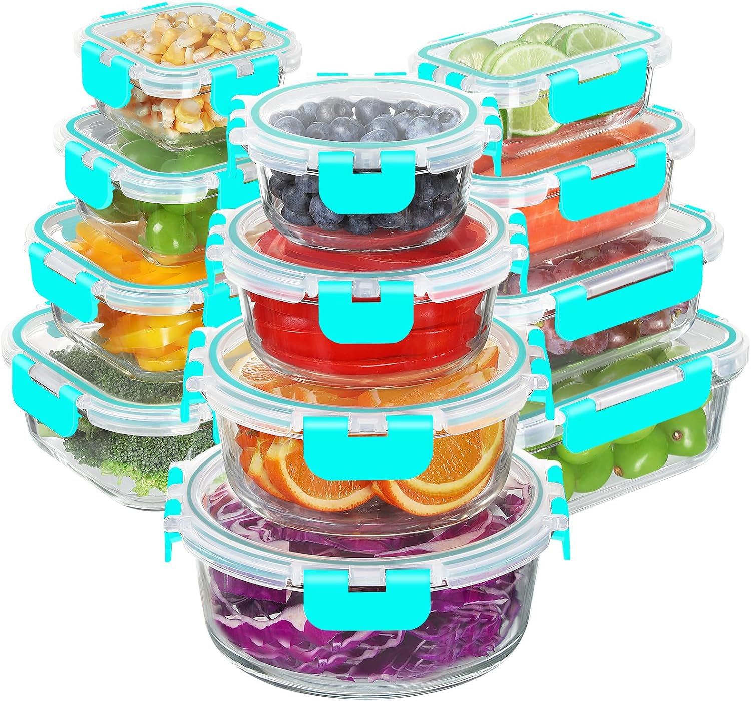 BAYZZ 24 Piece Glass Food Storage Containers with Lids, Airtight Glass Meal Prep Containers for Kitchen, BPA-Free Lunch Box, Microwave and Freezer Safe,Green