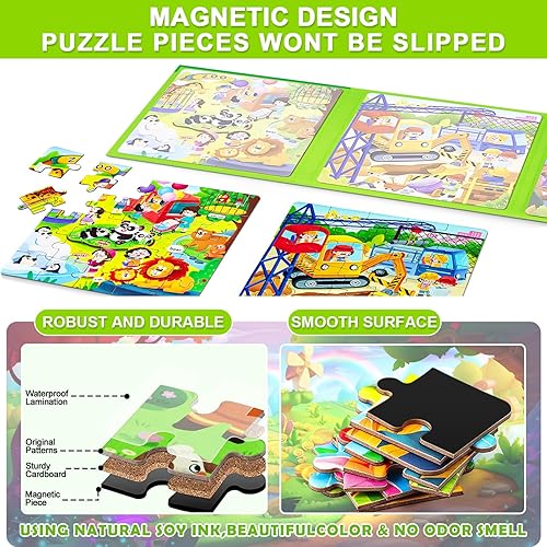 Miniatura 5 de Rompecabezas magnéticos para niños de 4 a 8 años, libro de rompecabezas de dibujos animados 3 en 1, rompecabezas de viaje para niños, juguete de