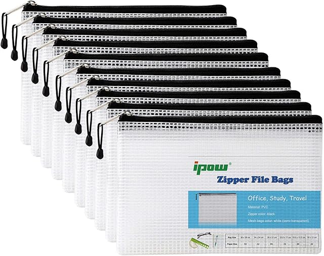 A5 Mesh Files Zip Lock Bags, Ipow 10 Pcs Reinforced Folder Wallets Waterproof Surface Document Zipper Storage Pouch for School Office Cosmetics, Travel Accessories
