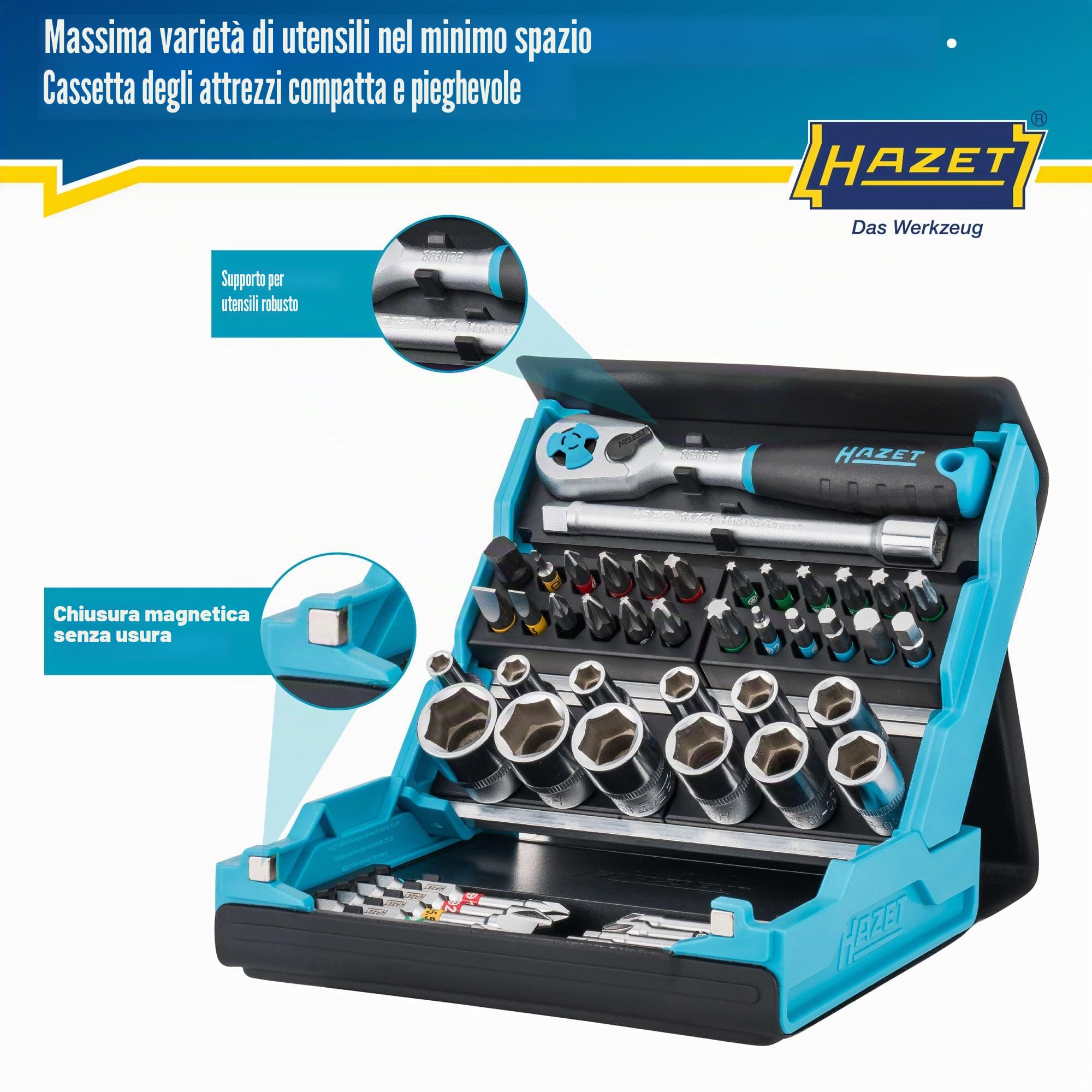 Set di chiavi a bussola HAZET SmartCase 2200SC-2 | Set di chiavi a bussola da 50 pezzi, attacco: esagonale e quadrato 6,3 mm (1/4 di pollice), valigetta portautensili mobile Made in Germany