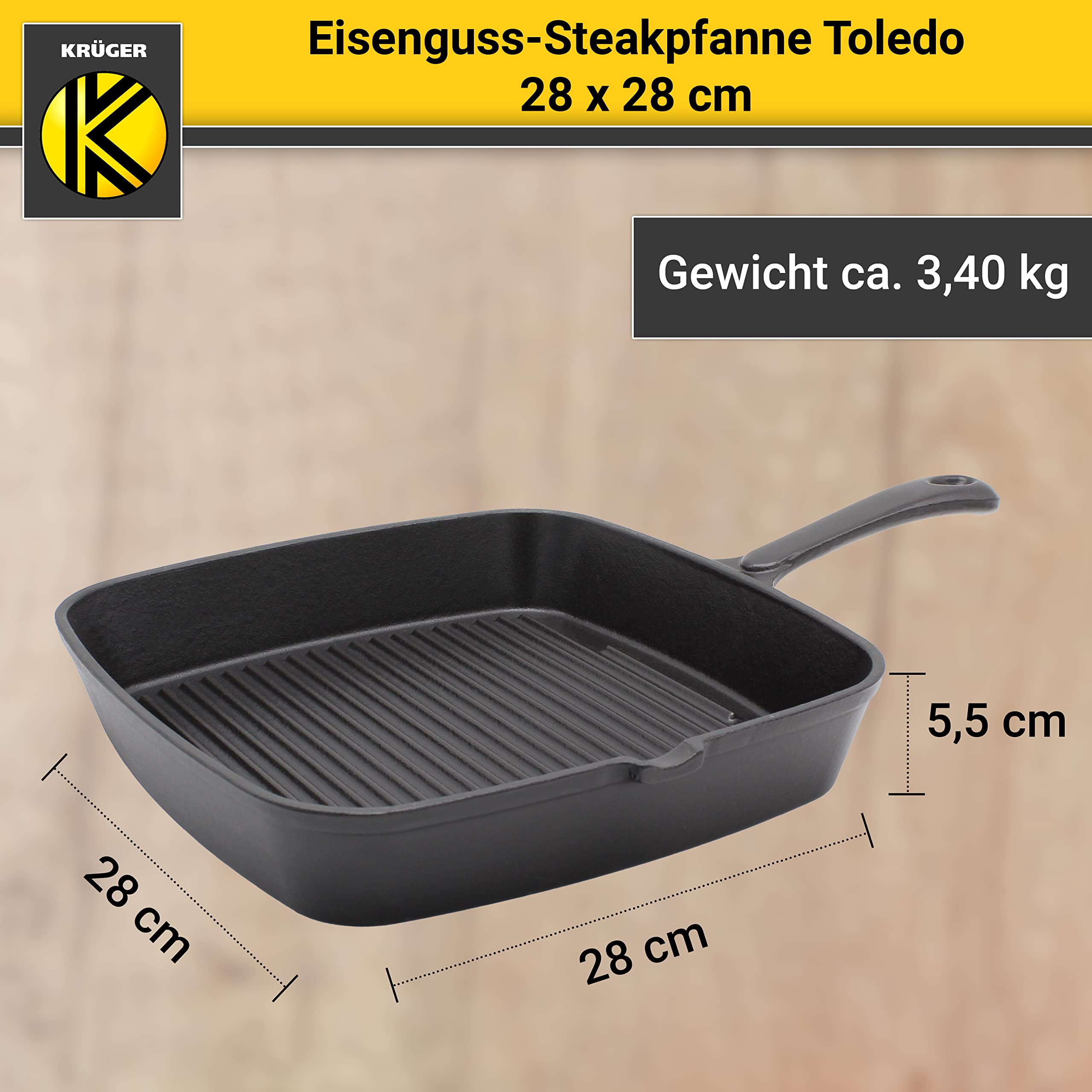 Krüger Gusseisen Steakpfanne Toledo 28x28 cm Rillenboden | Induktion