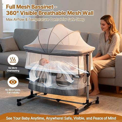 Miniatura 5 de Moisés de noche, cuna 3 en 1, cuna mecedora de 5 alturas ajustables, malla completa transpirable, mosquitera, cesta de almacenamiento, moisés