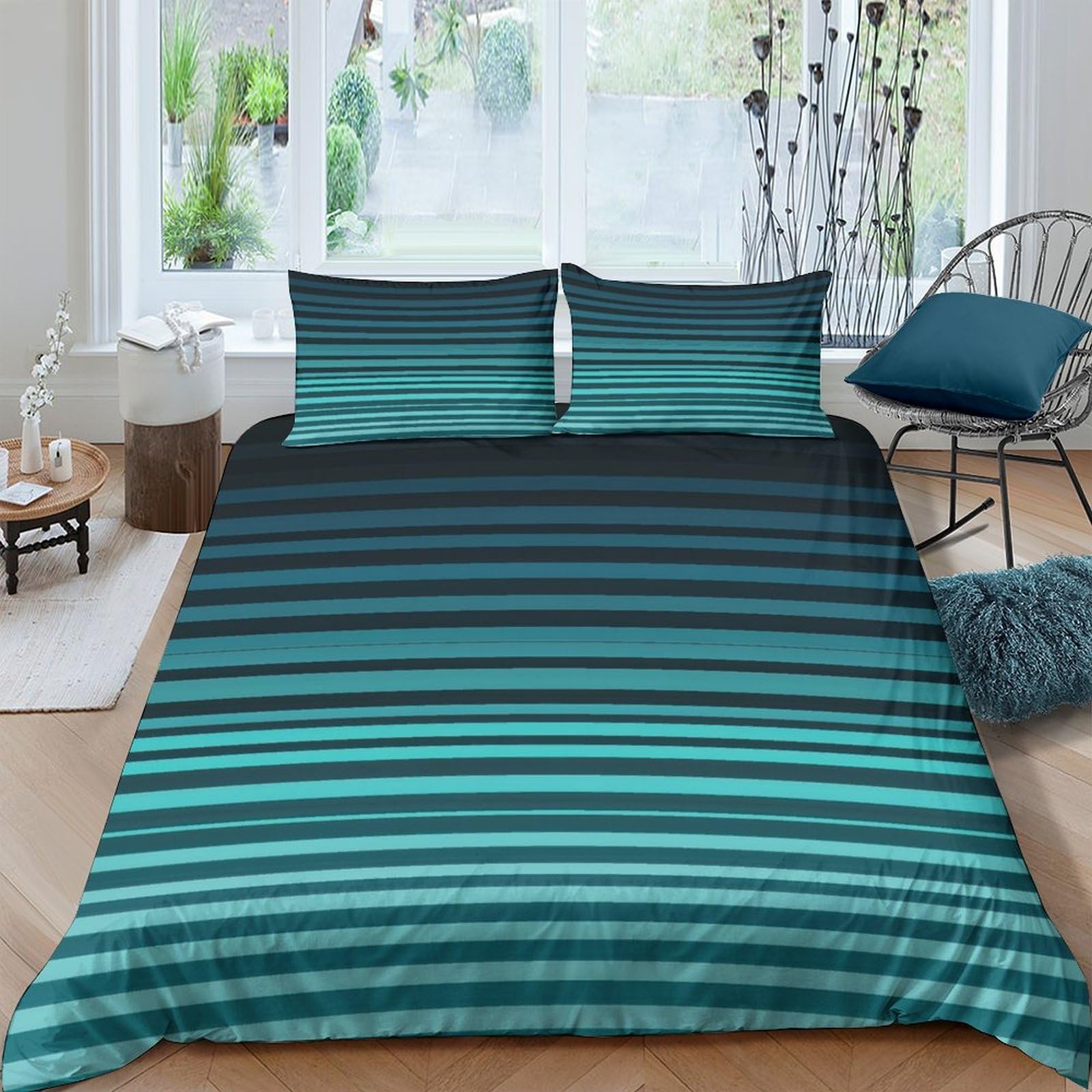 Ctjqhvkz Style-2 3D Printed Aqua Gradient Striped Fitted Sheet Microfiber Soft Breathable Blue Wave Mattress Cover For Bedroom Dorm Decor Single（135X200cm）