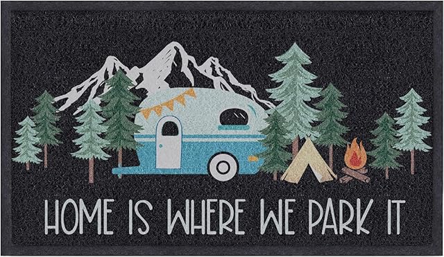 comfoyar Camper Van Door Mat, Home is Where We Park It Camping Floor Mats, Welcome Mat with Rubber Backing for Shoe Scraper, Non Slip, Easy to Clean Floor Mat Rug for Outside Camper Decor 45 X 75 cm