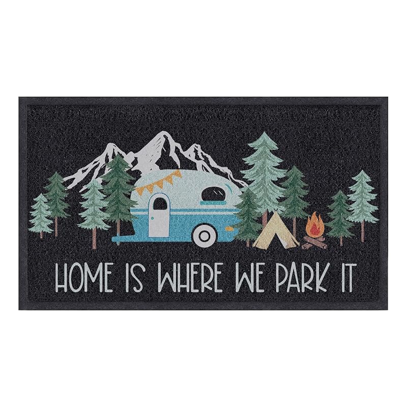Tapete para Porta de Motorhome comfoyar com Estampa de RV, Montanhas, Árvores e Barraca, Preto, 43,2 x 76,2 cm