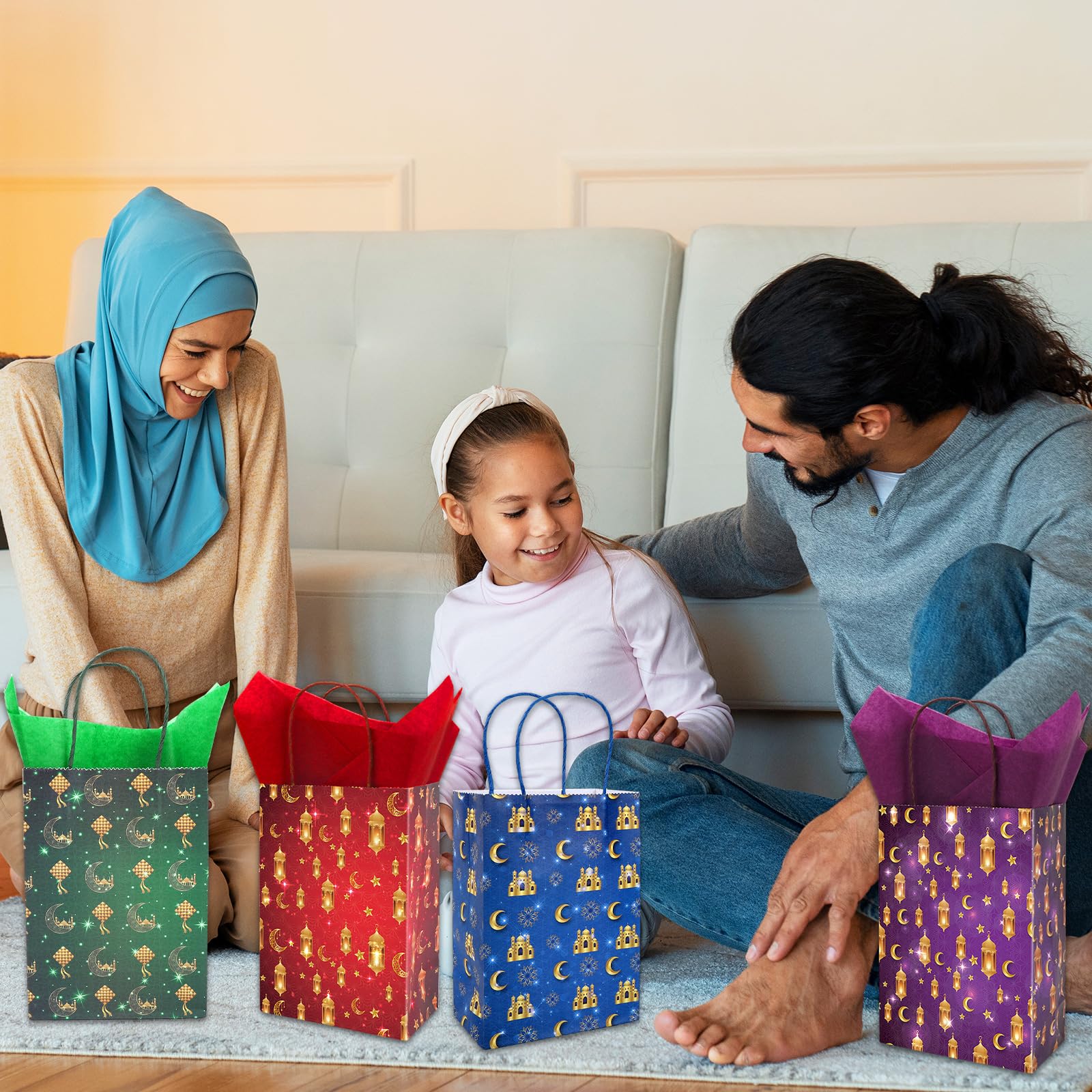 FYSUIMU 16Pcs Eid Mubarak Paper Bags with 20 Sheets Tissue Paper Gold Mosque Moon Star Treat Bags with Handles Candy Goodie Bags for Ramadan Muslim Party Favors Supplies
