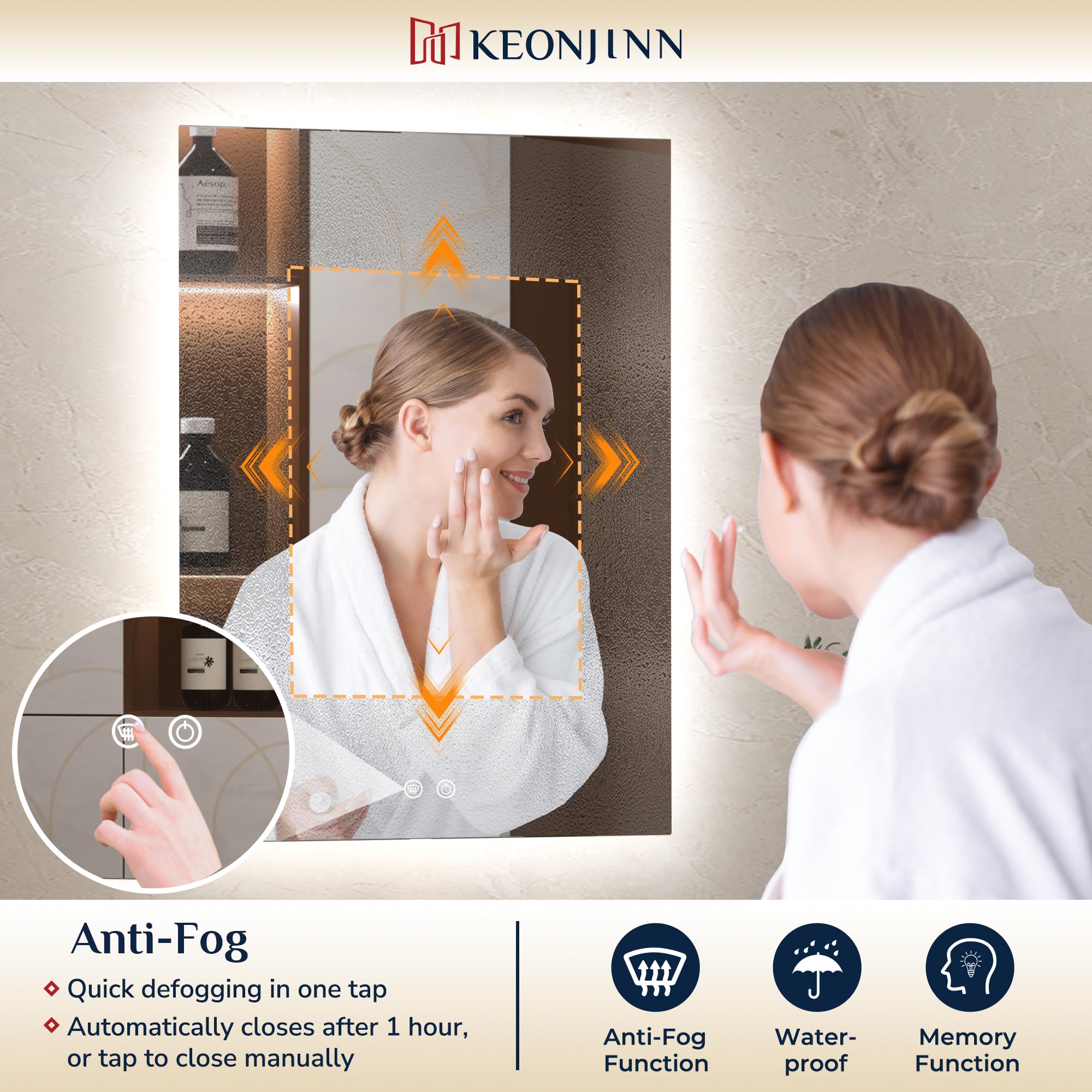 Keonjinn 100x80cm Miroir LED Salle de Bain avec Eclairage, Miroir Carré Rétroéclairé Antibuée, 3 Couleurs Lumière, Gradable, Mémoire, Verre Trempé IP44 Étanche, Horizontal/Vertical