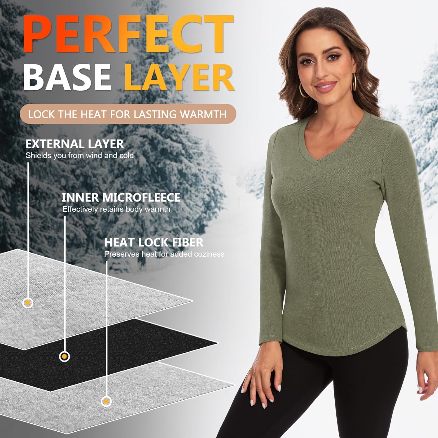 WOWENY Women's V Neck Long Sleeve Thermal Shirts Fleece Pullover Top Soft Base Layer Undershirts Basic Cold Weather