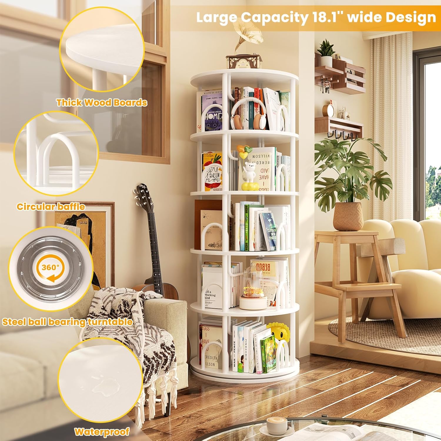 Aheaplus 5 Tier Rotating Bookshelf Tower, 360 Display Spinning Bookcase, Revolving Round Book Shelf Narrow Swivel Bookshelf, Vertical Turning Spiral Corner Book Organizer for Small Space, White - Image 4