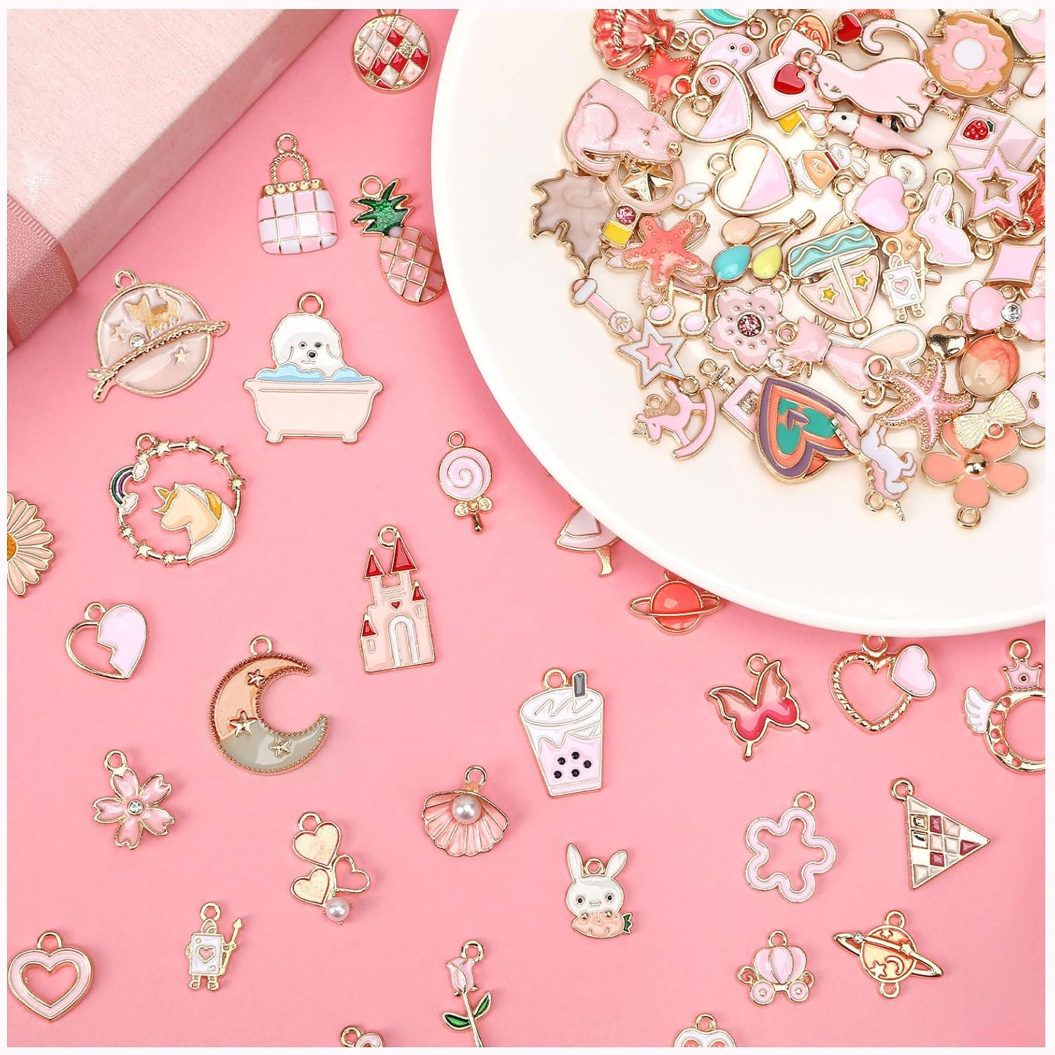 MARFOREVER 120 Pcs Pink Charms, Assorted Gold Enamel Pink Charm for Jewelry Making Mixed Theme Flowers Heart Fruit Moon Star Dangle Pendants Charm for DIY Bracelet Necklace Earrings Crafts - Image 3