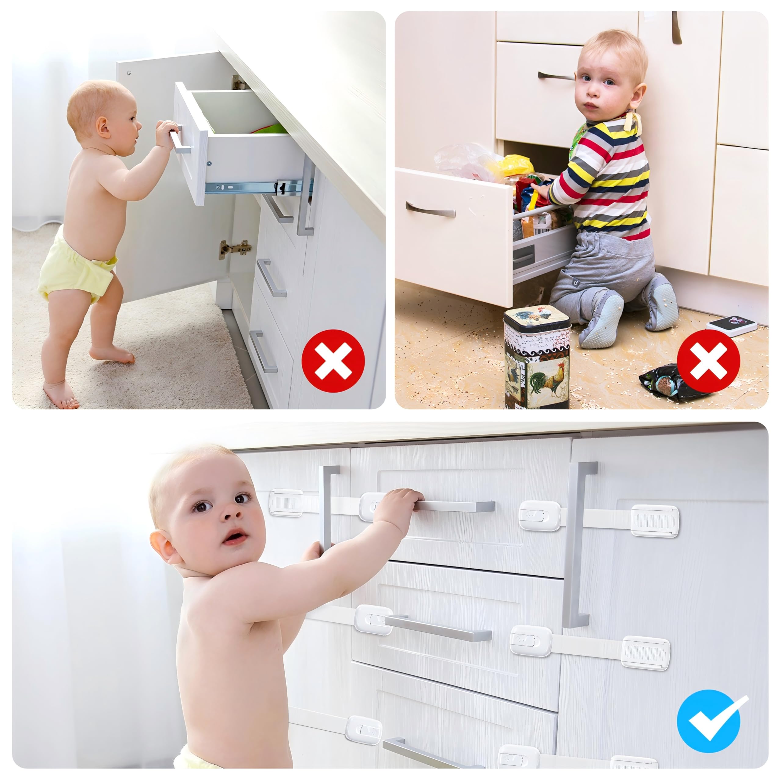 10 pezzi Bambino Chiusure di Sicurezza, Regolabile Bambino Serrature di Sicurezza con Adesivo 3M, Bambini Blocco di Sicurezza per Armadi, Cassetti, Frigorifero (Bianco)