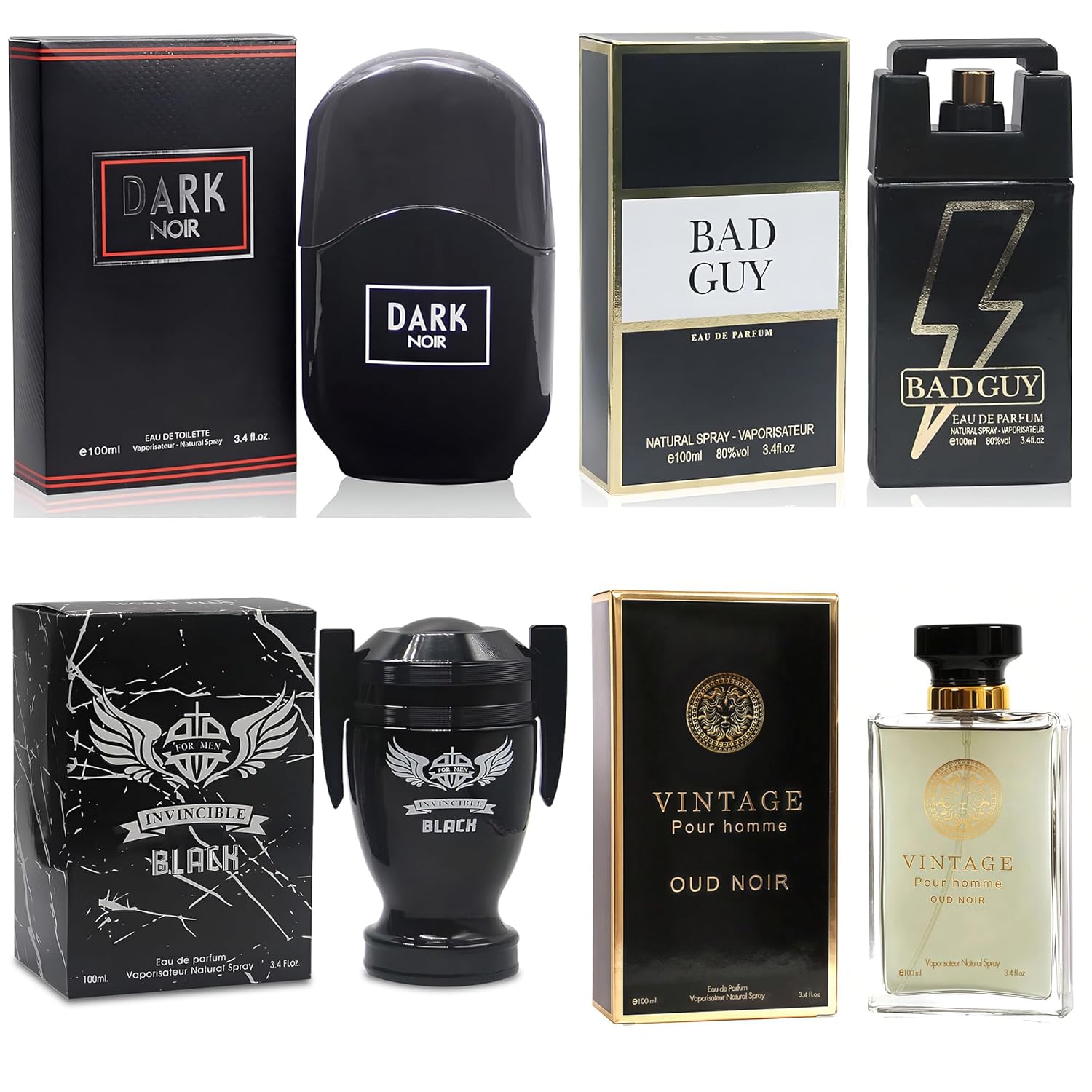 Cologne for Men Set 4 Combo Sets(Dark N-SP/Bad G/Invincib B/vintage O) Eau De Parfume/Toilette Natural Spray Each 100ML Men Perfume Long Lasting Fragrance for Daily Use