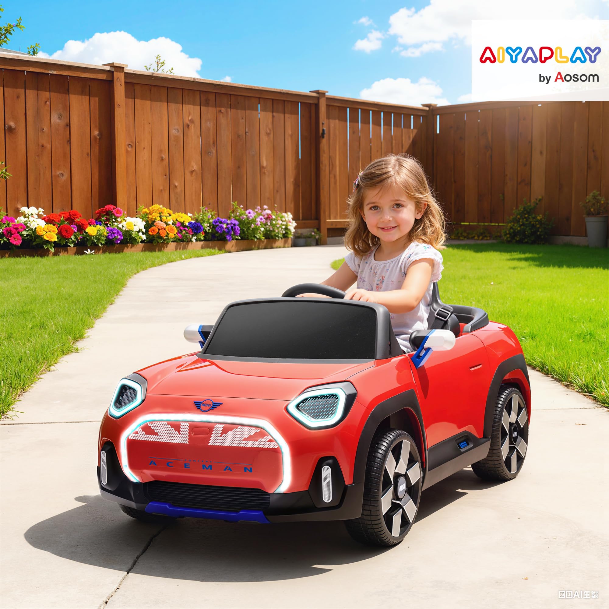 AIYAPLAY Coche Eléctrico 12V para Niños +3 Años, Mini Aceman, Bluetooth, Mando 2,4G, Motor Doble, Rojo
