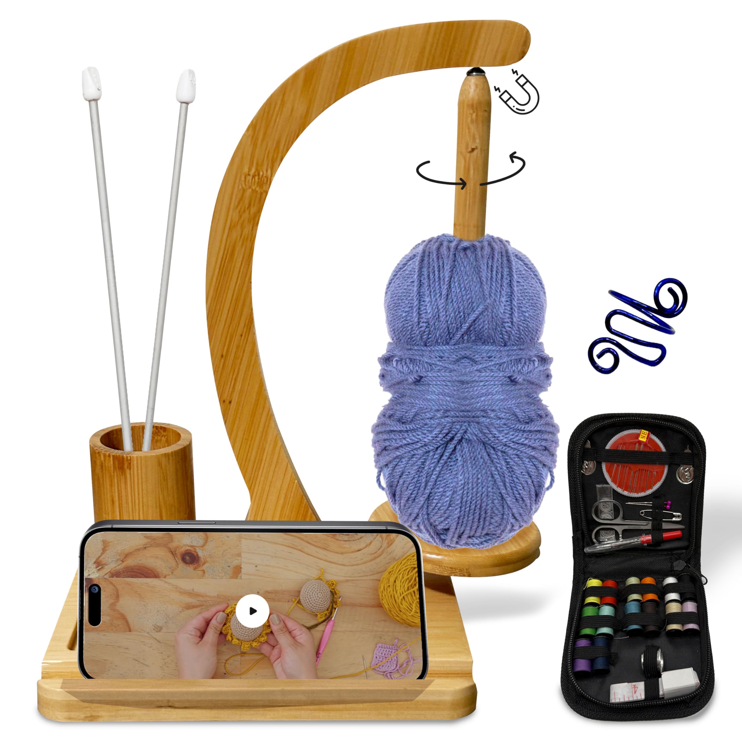 KOMOVAX Wooden Yarn Holder with Sewing Kit & Crochet Ring – Portable Yarn Spinner for Crocheting, Knitting & Yarn Organization – Magnetic Yarn Holder & Yarn Ball Stand – Perfect Gift for Crafters