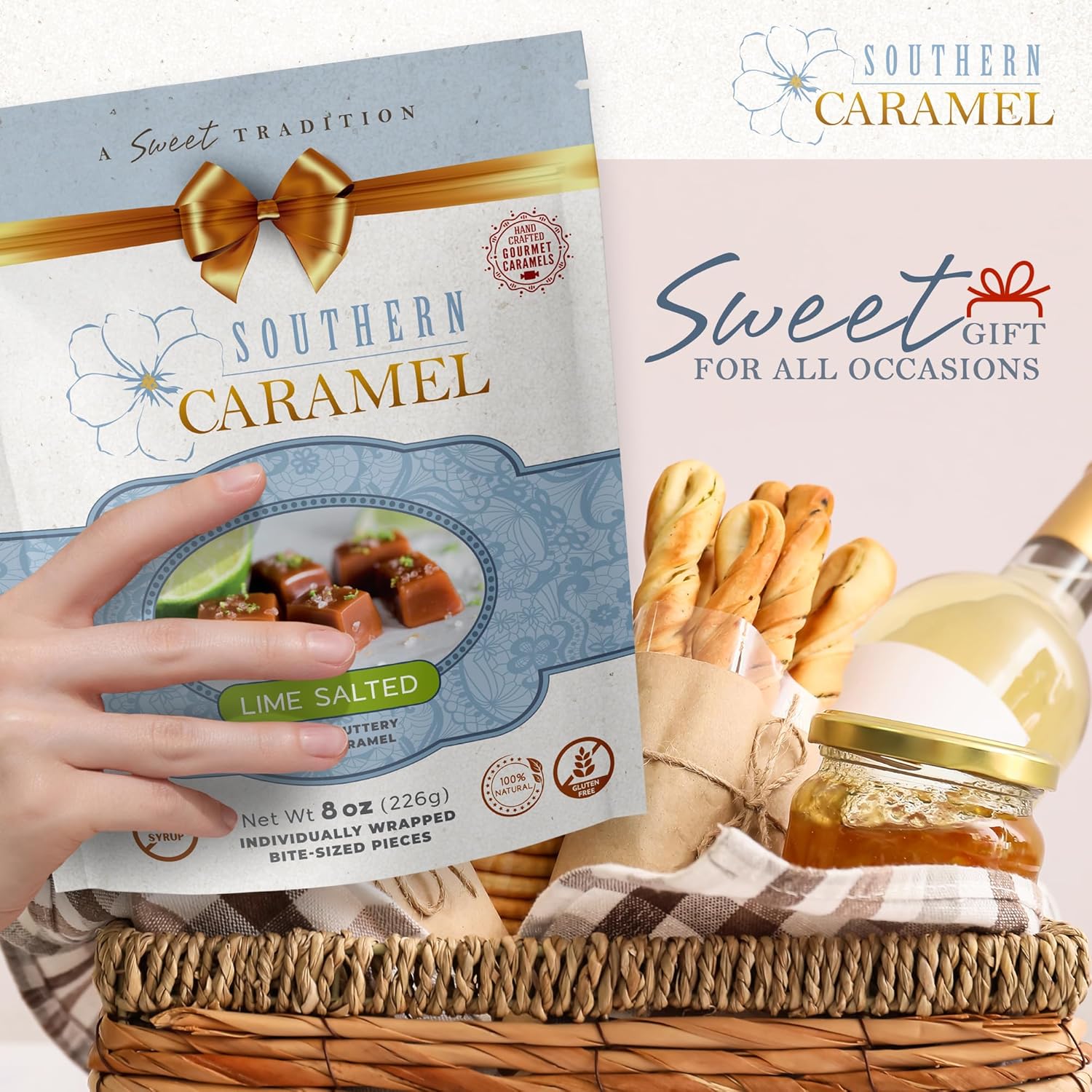 Southern Caramel Lime Salted Caramels, Soft Buttery Gourmet Caramel Candy Finished with House-Made Lime Salt, Handcrafted, Small Batch, Gluten Free, No Corn Syrup, Wrapped Pieces, Gift Ready, 8 oz (Pack of 1)